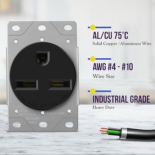 Miniatura 10 de ENERLITES NEMA TT-30R Toma de corriente, remolque de viaje RV de 30 amperios, 2 polos, conexión a tierra de 3 cables, 30 A 125 VAC, 60 Hz, 63300-BK,