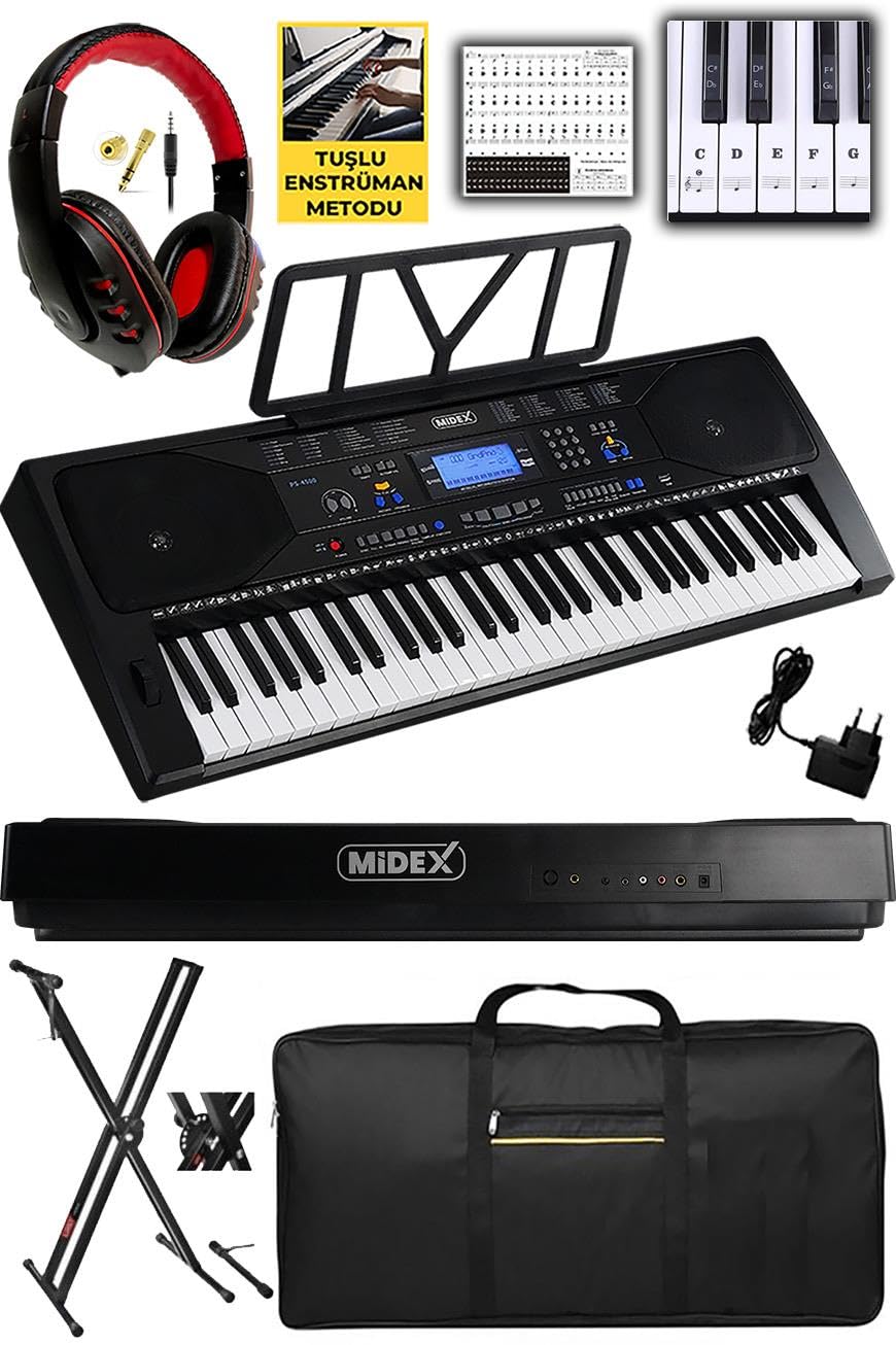 Midex PS-4500KS Tuş Hassasiyetli 61 Tuşlu Org LCD Ekran USB MP3 (Stand Kulaklık Çanta Notalık Adaptör)