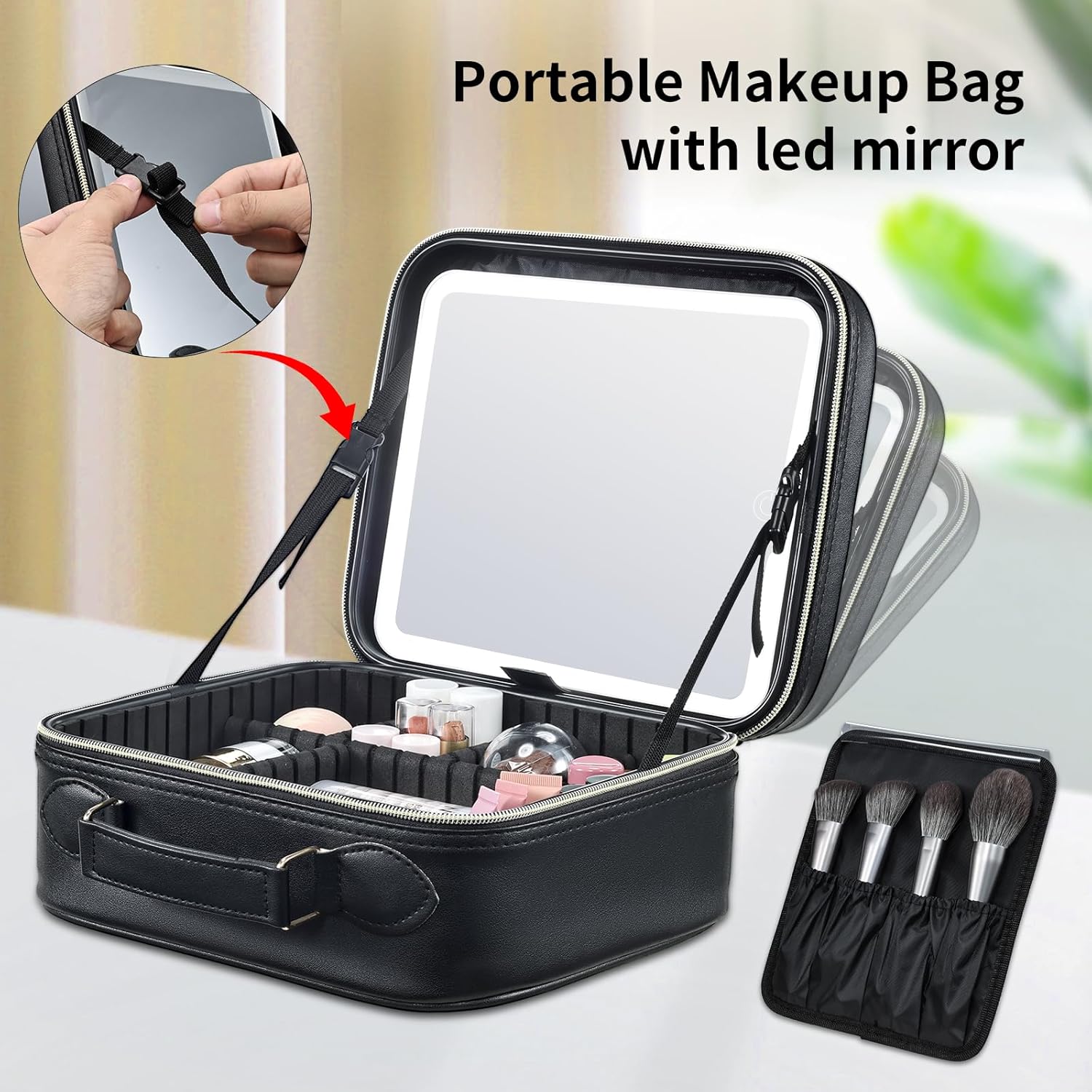 Travel Makeup Bag with LED Mirror 3 Color Modes,10.2-in Black Vegan Leather Makeup Organizer Bag with Adjustable EVA Dividers and Independent Brush Panel - Image 2