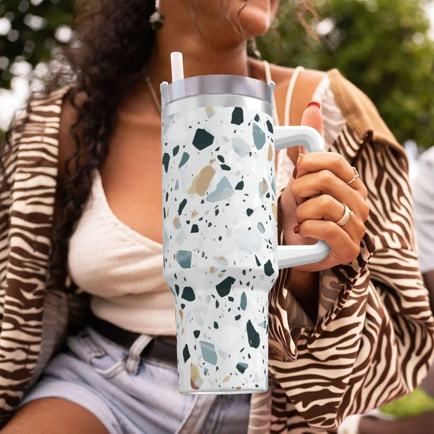 40 OZ Terrazzo Marble Pastel Print Ice Bully Cup with Handle Straw Lid Straw,Stainless Steel Tumbler Coffee Cup