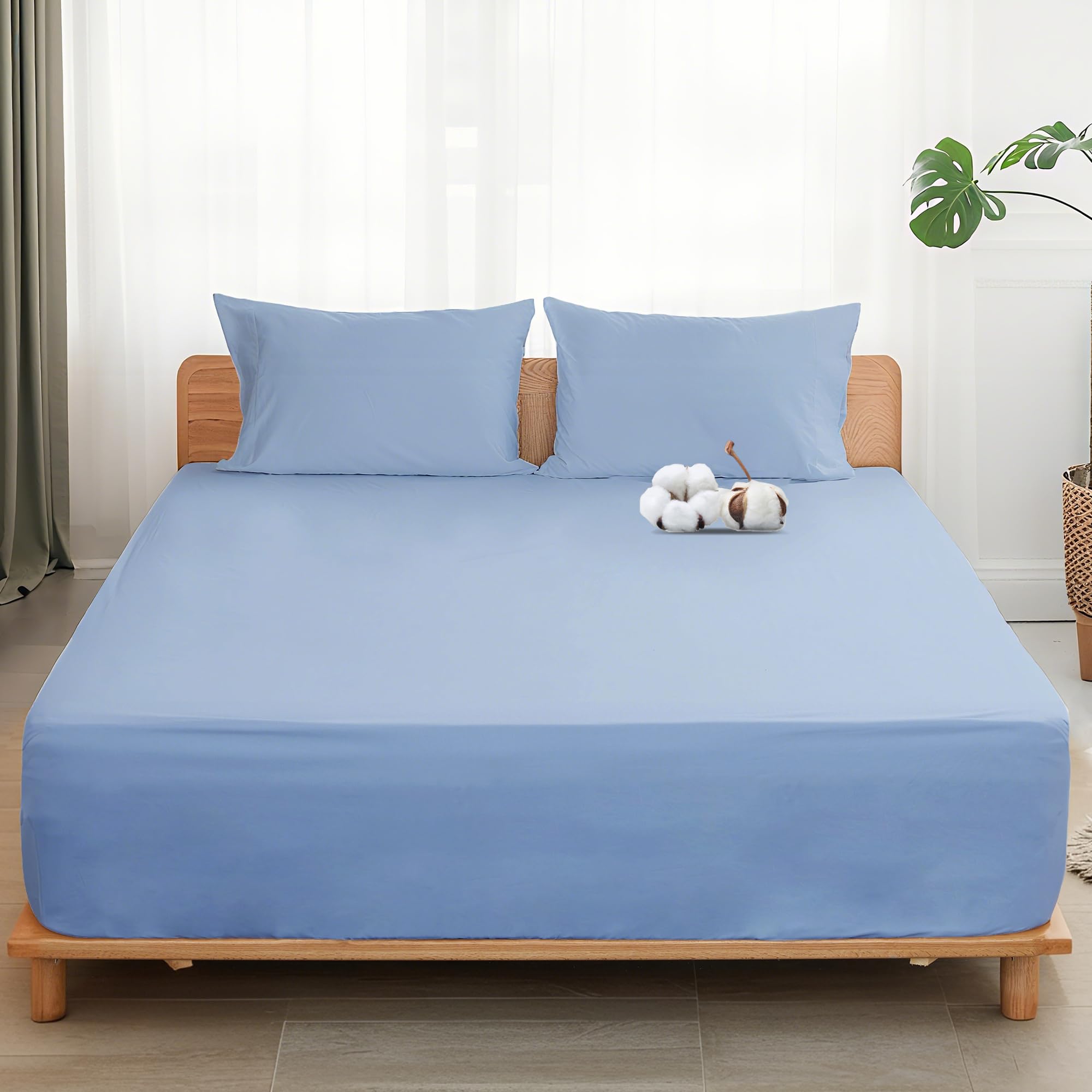 Sylvanora 100% Egyptian Cotton Fitted Sheet - 25cm Extra Deep Pocket with 4 Elastic Corner Straps - Breathable & Comfortable Double Bed Sheet (137x190cm) - Luxury Hotel Quality (Placid Blue, Double) — image 1