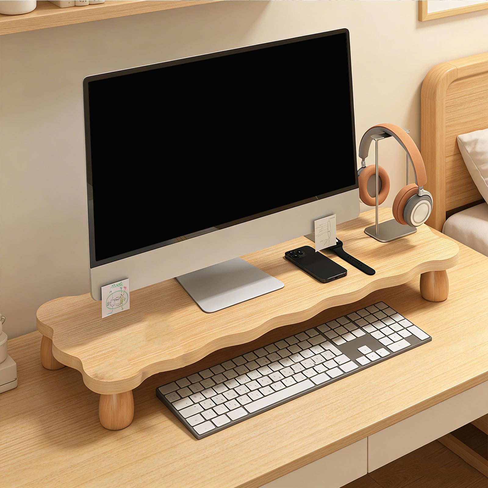 Supporto per monitor in legno con spazio extra per riporre lo schermo del computer, per organizzare la scrivania e pianificare la scrivania ergonomica