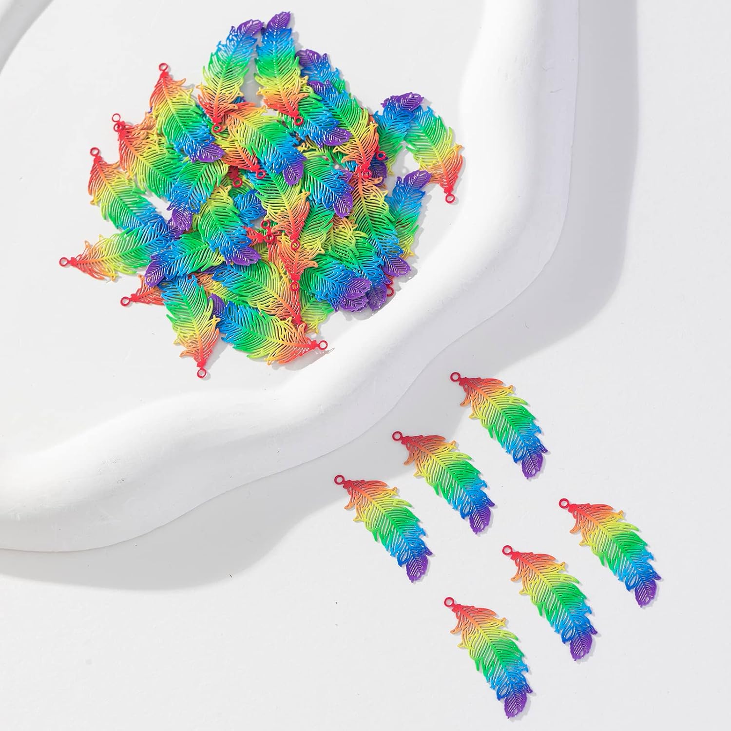 Multicolor Filigree Feather Charms Hollow Color Painted Plume Pendant for DIY Earrings Necklaces Jewelry Making Accessories Bookmark Components Hanging Embellishments - Image 2