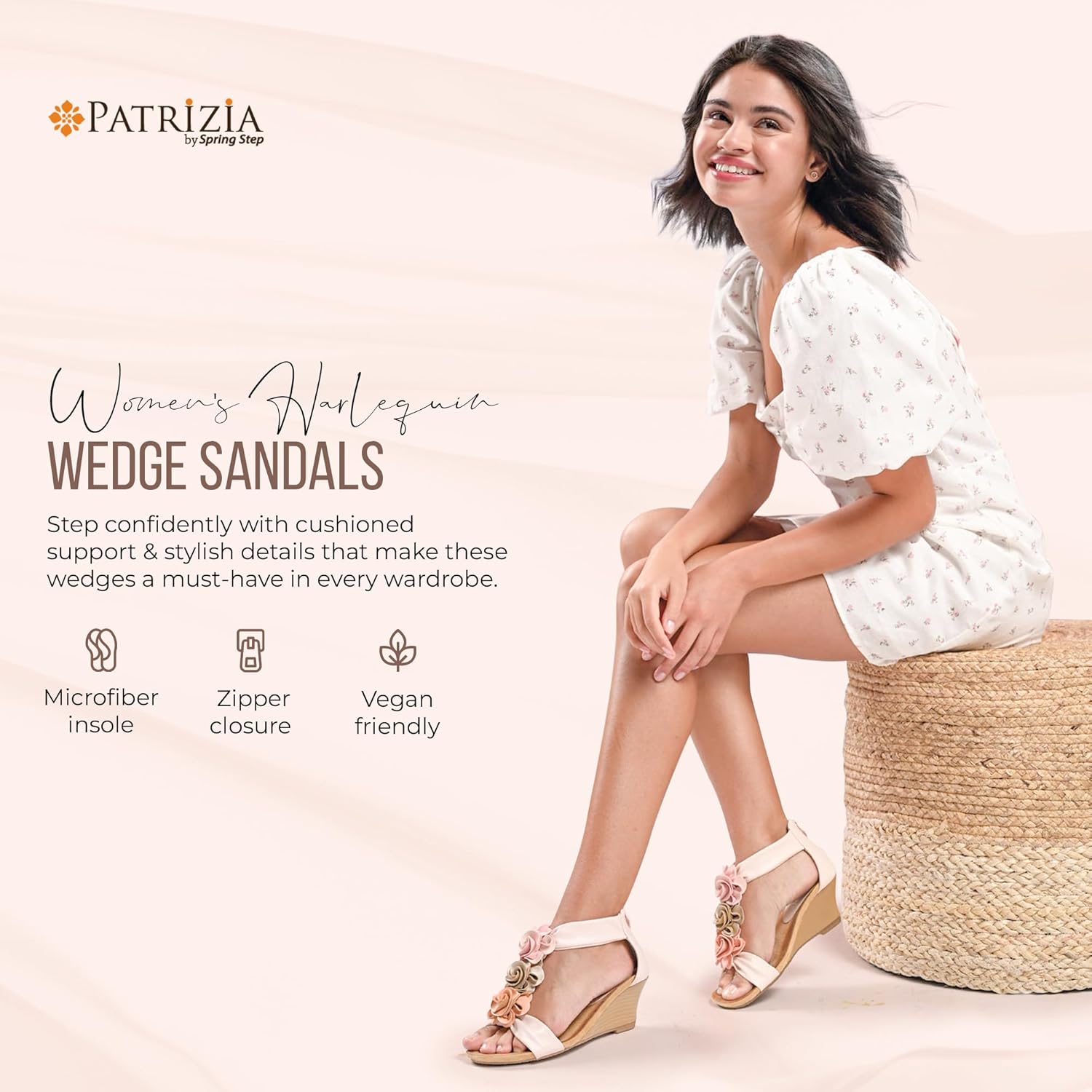 PATRIZIA Women's HARLEQUIN Ankle Strap T-Strap Wedge Sandals - Floral Design, Cushioned Insole, Back Zipper, Beige EU 37 / US 6.5-7 - Image 4