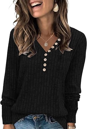 Womens Henley Knit Sweaters 2025 Fall Winter Deep V Neck Long Sleeve Button Pullover Casual Tops