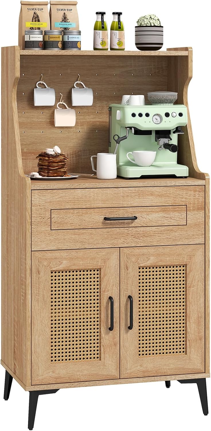 LOKO 45.5” Kitchen Pantry Cabinet, Coffee Bar Cabinet with DIY Pegboard, Rattan Buffet Sideboard with Storage Drawer & Adjustable Shelf, Mid Century Modern Hutch Cabinet for Living Room, Oak (1)