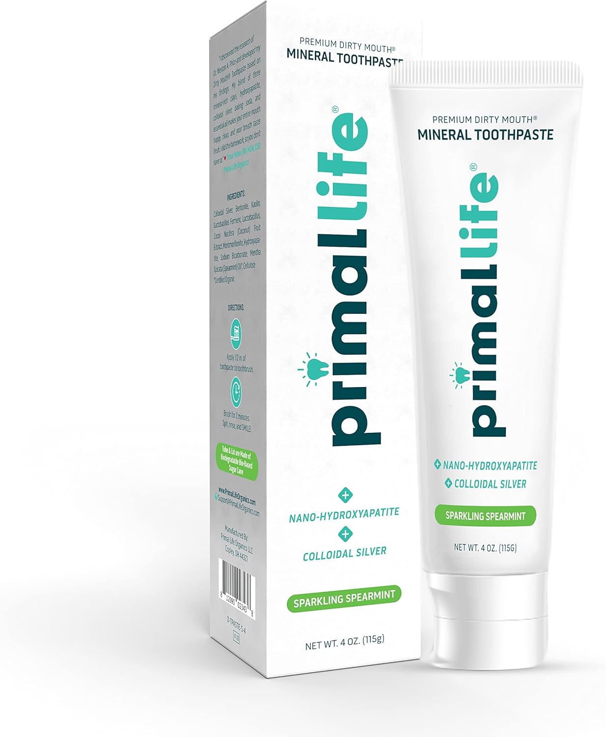 Primal Life Organics Premium Dirty Mouth Mineral Toothpaste - Nano-Hydroxyapatite, Colloidal Silver, Charcoal - Organic, All Natural Whitening Formula (Spearmint Flavor, 4 Oz)