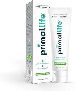 Primal Life Organics Premium Dirty Mouth Mineral Toothpaste - Nano-Hydroxyapatite, Colloidal Silver, Charcoal - Organic, All Natural Whitening Formula (Spearmint Flavor, 4 Oz)