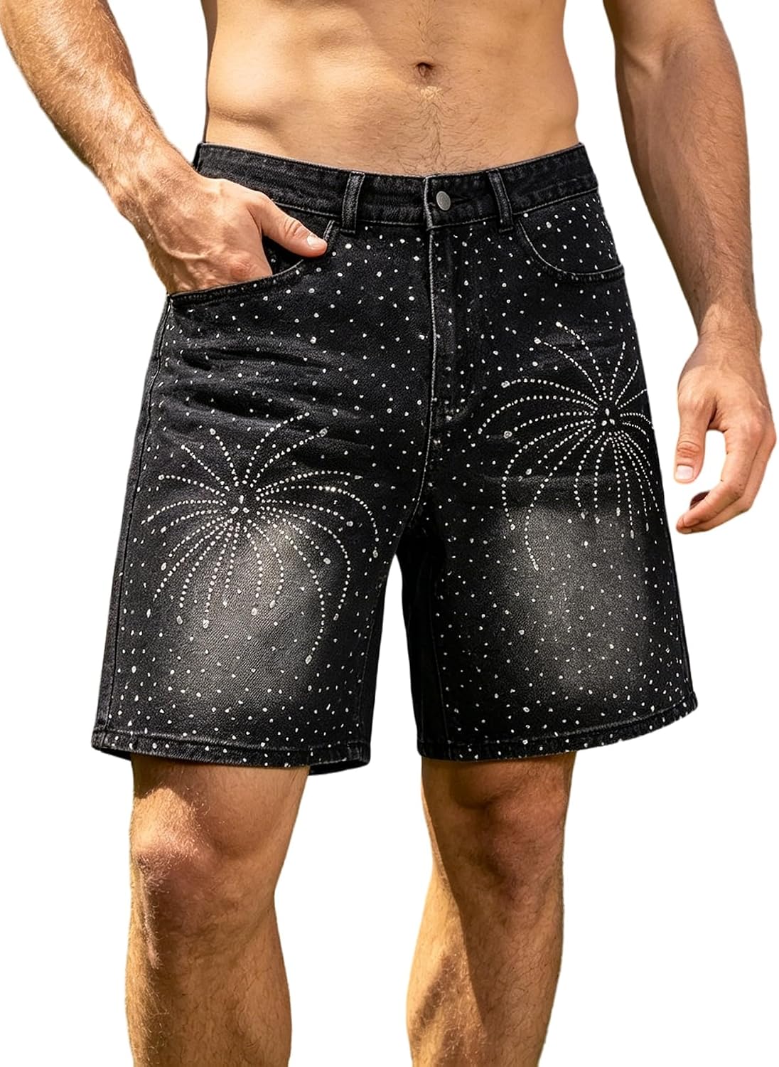 Men's Denim Shorts Rhinestone Decoration Slim High-Street Casual Breathable Jeans Shorts