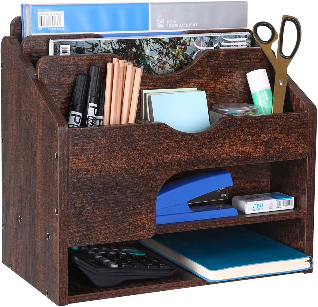 Denozer - File Magazine Holder Wood Desktop Accessories Organizer - File Folder,Binders,Envelopes,Magazines-Container with Drawer for Home and Office Supplies - Vintage Rustic Brown