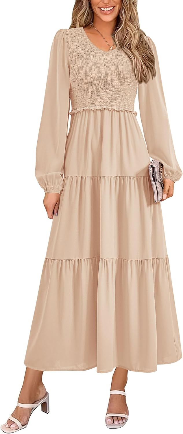 PRETTYGARDEN Fall Dresses for Women 2025 Casual Long Sleeve V Neck Smocked A Line Long Flowy Wedding Guest Dress