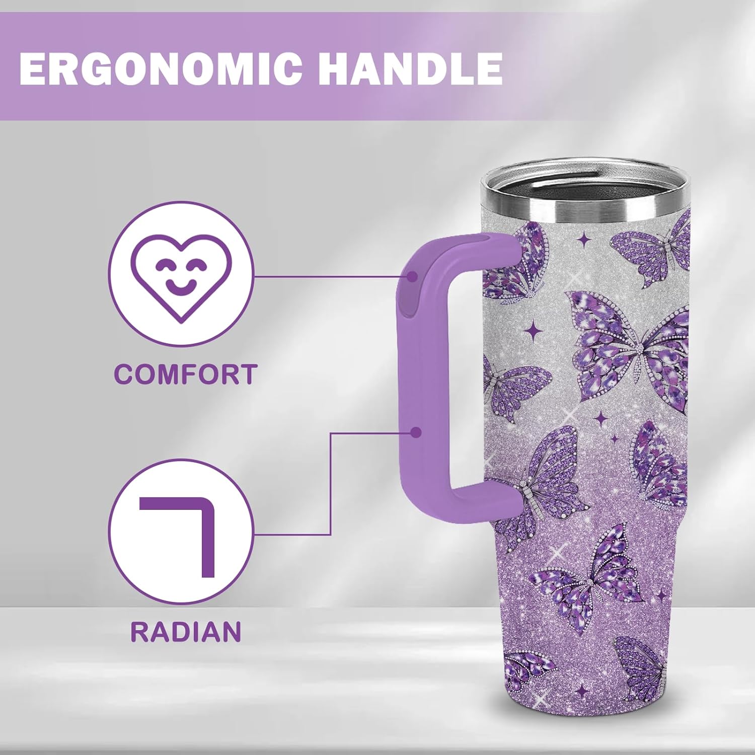 Butterfly Gifts for Women 30oz Purple Butterfly Tumbler with Handle and Straws Stainless Steel Insulated Travel Coffee Mugs, Leak-Proof, Birthday Christmas Gifts for butterflies Lover Water Cup - Image 4
