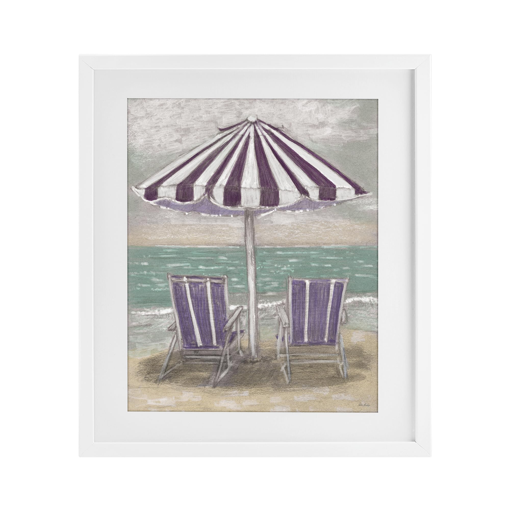 Stupell Industries Coastal White (Textured) 'Umbrella & Chairs On Beach'| Framed Print Under Glass