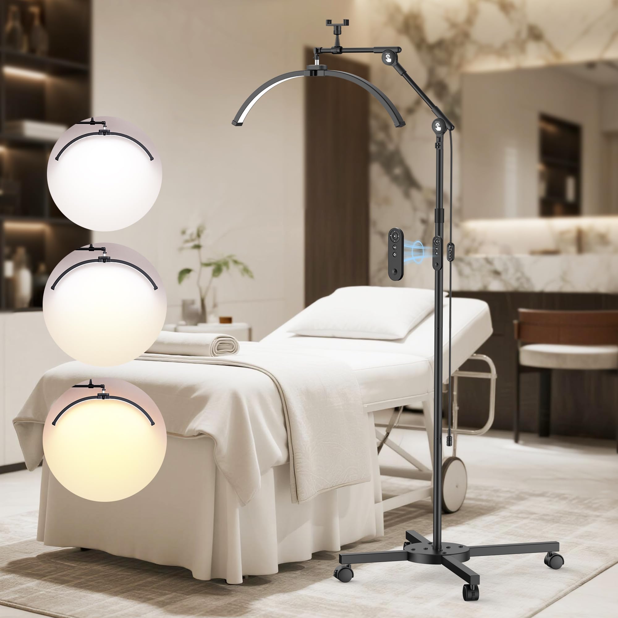 STASUN Halbmond-Stehlampe,Faltbare LED Wimpern Lampe,28 Zoll 30W Dimmbar Stehlampe mit Telefonständer für wimpernverlängerung,für Nail Tech, Beauty, Tattoo Künstler,Kosmetik Lash Light-Schwarz