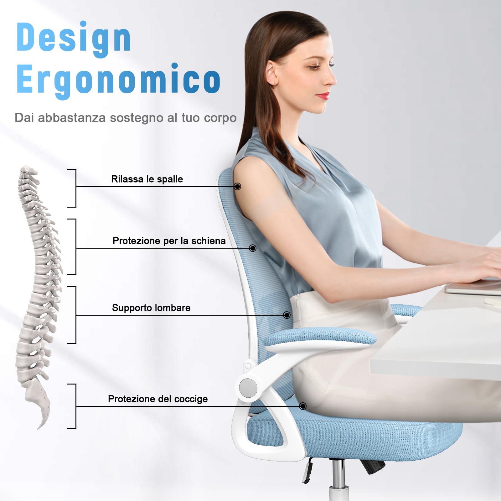 rattantree Sedia da Ufficio con Supporto Lombare, Sedia Ufficio Ergonomica con Braccioli Regolabili in Rete Traspirante, Altezza Regolabile e Schienale Inclinabile con Ruote Girevoli, Blu