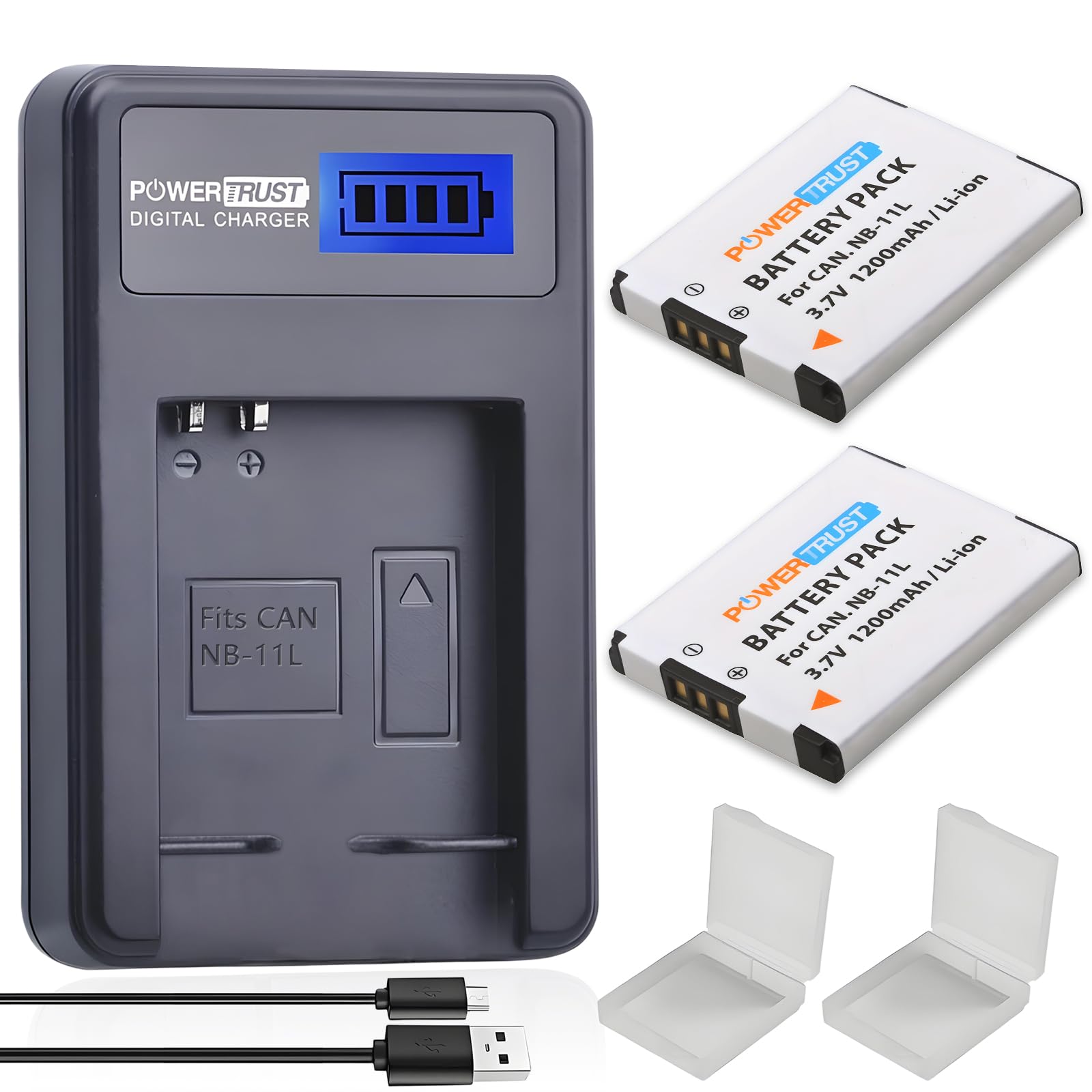 PowerTrust 2 Pack 3.7v NB-11L Replacement Battery and NB-11LH LCD USB Charger for Canon PowerShot A2300 IS, A2400 IS, A2500, A2600, A3400 IS, A3500 IS