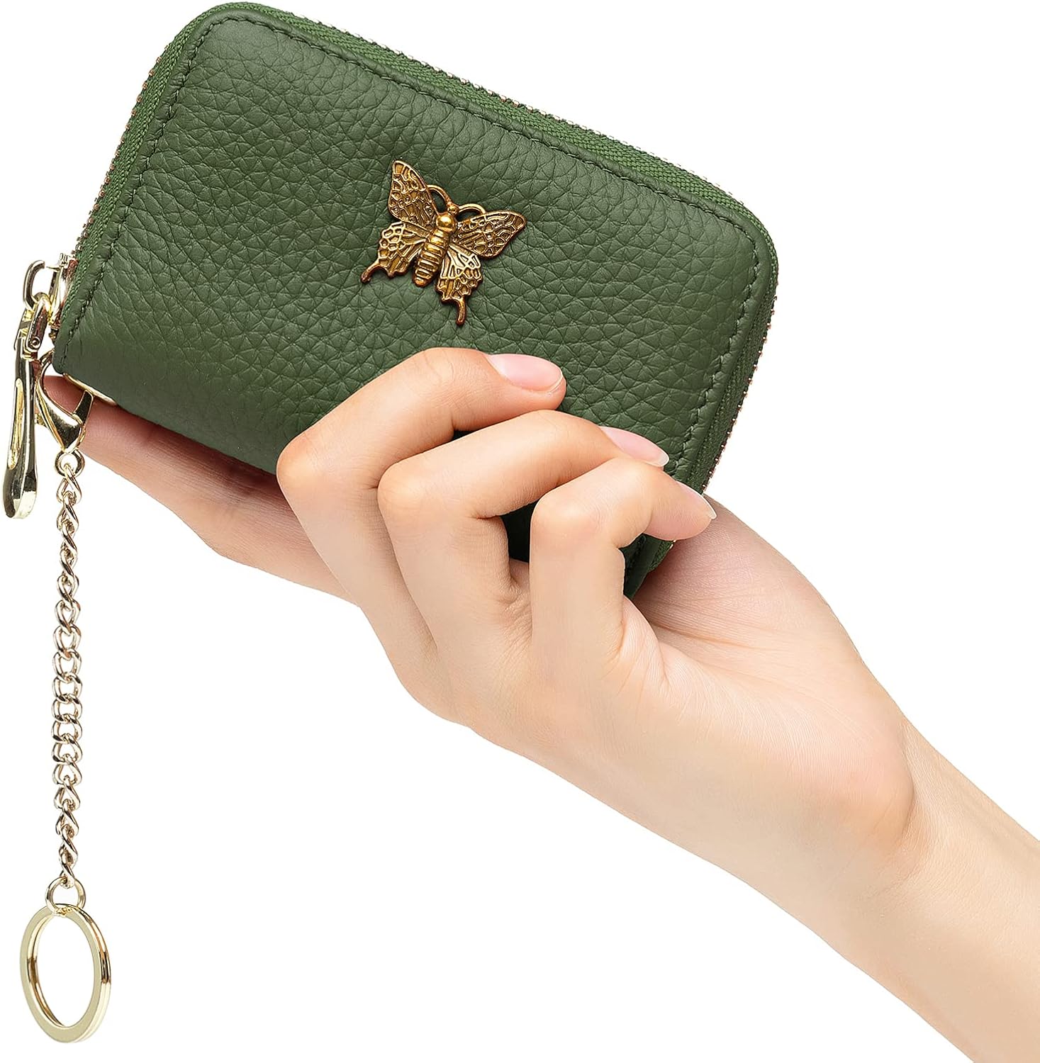 imeetu RFID Credit Card Holder for Women Genuine Leather Card Case Wallet with Zipper and Removable Keychain (Olive Green) - Image 7