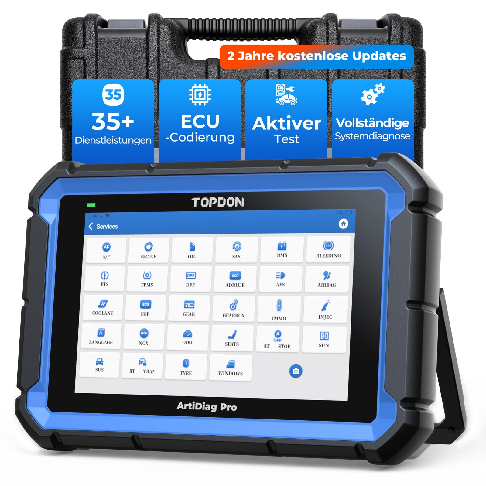 TOPDON Diagnosegerät Auto ArtiDiag Pro V2.0, OBD2 Diagnosegerät, ECU/Online-Codierung, Aktive Test, 35+ Wartungsdienste, Alles System Diagnosegerät, 2 Jahre Kostenlose Updates