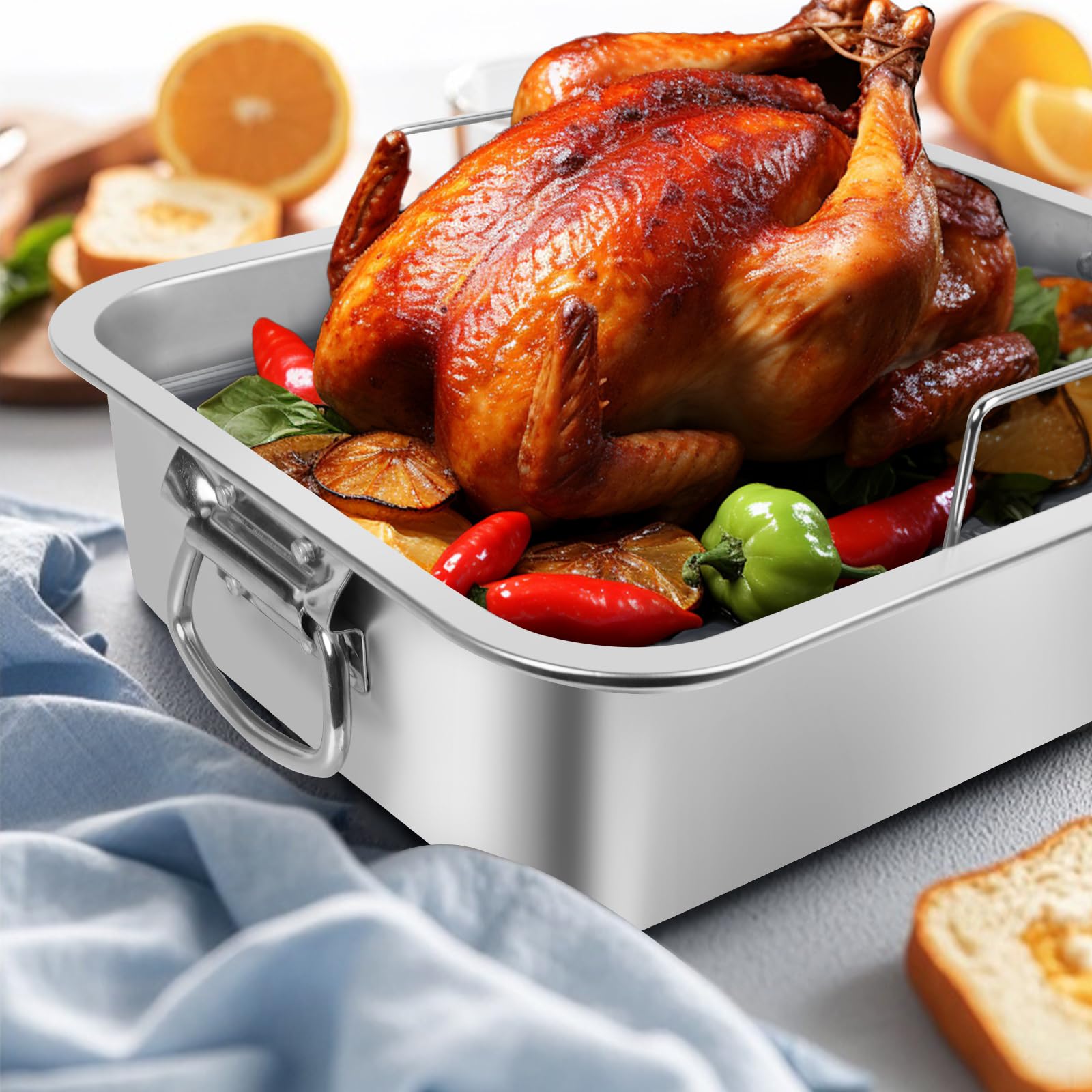 Lot de 3 plats à rôtir en acier inoxydable de 40,6 cm avec grille de cuisson et grille en V pour dinde, poulet, légumes, lasagnes, sains et robustes
