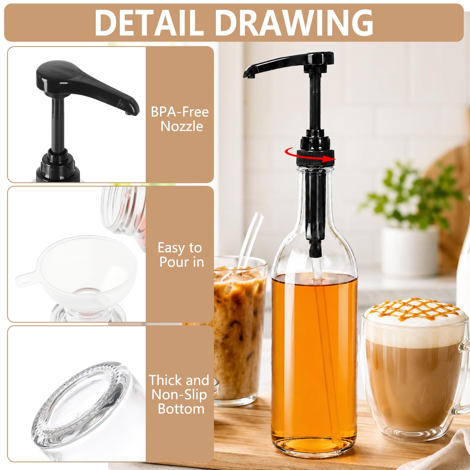 YBCPACK Kaffeesirupspender aus Glas, rund, 750 ml, schwarze Pumpe, 3 Stück