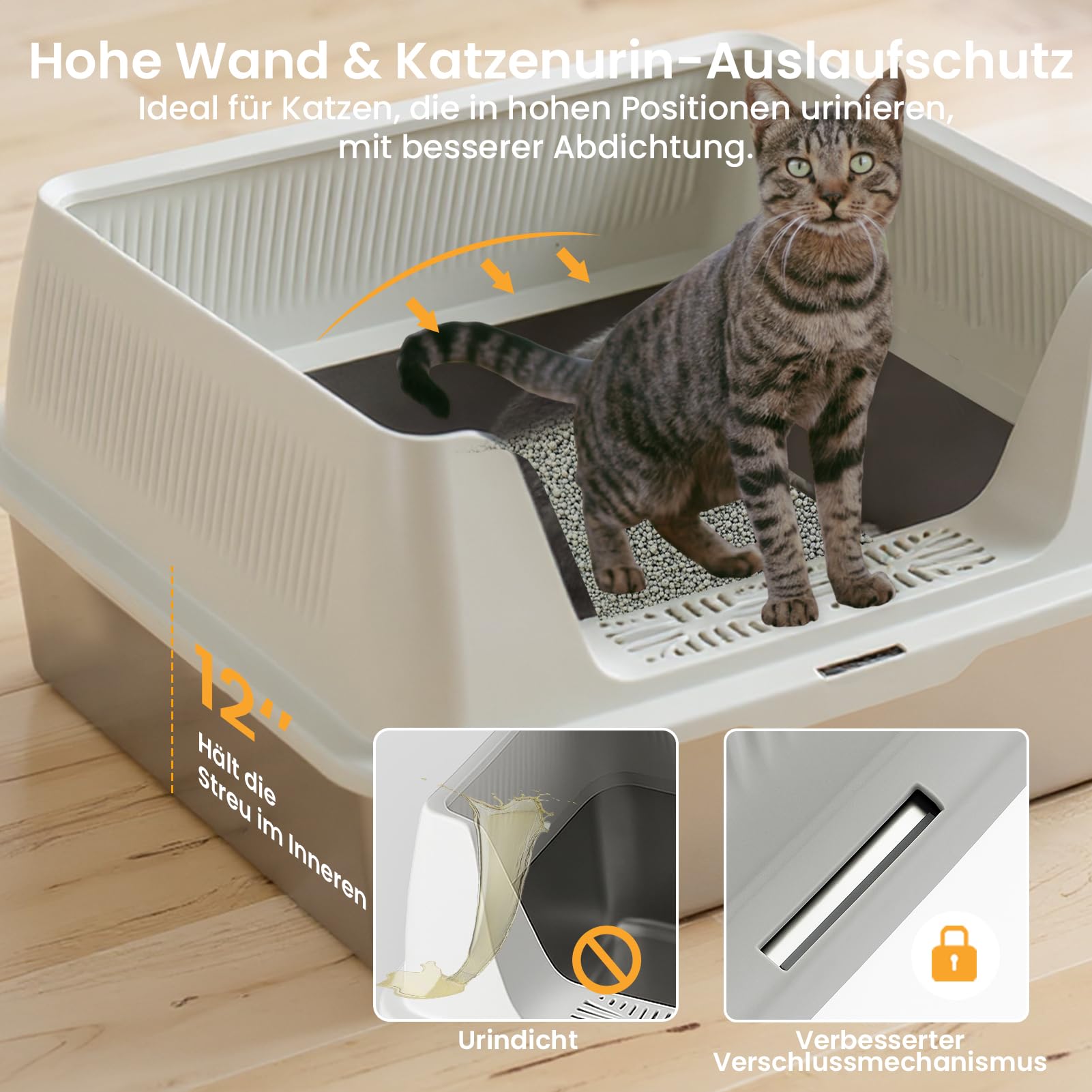 Youyijia XXL Katzentoilette Edelstahl, großem Metall-Streubehälter, 30L Katzentoilette mit spritzwassergeschützt Deckel, Streumatte und Streuschaufel, große und mittelgroße Katzen, 59,5 x 39,5 x 30 cm