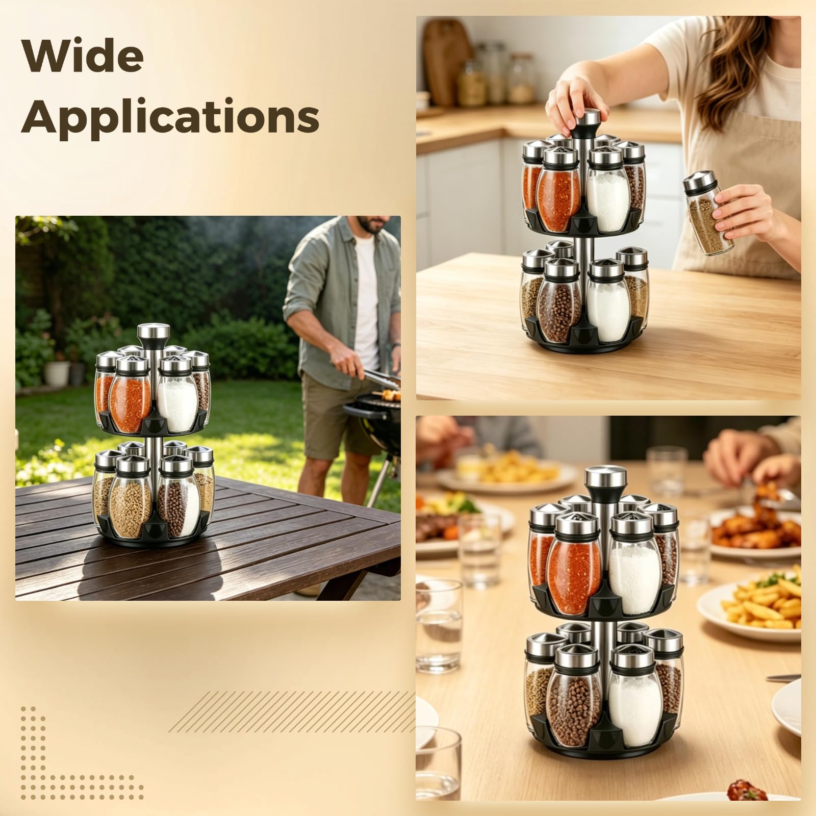 Rangement à épices rotatif à 2 niveaux avec 12 bocaux en verre, plateau tournant 360°, support de cuisine pour plan de travail, contenants hermétiques avec étiquettes