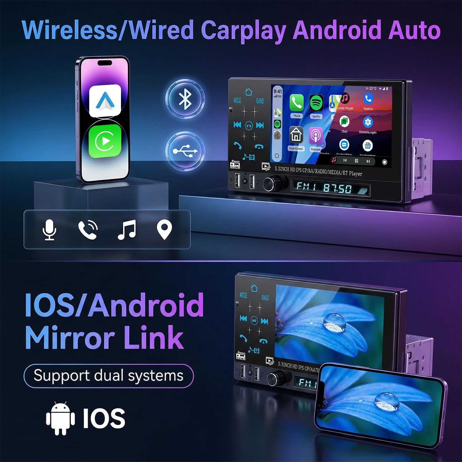 Hodozzy Autoradio 1 Din avec CarPlay Android Auto Sans Fil, Ecran Tactile IPS 5,5 Pouces Poste Radio Voiture avec Bluetooth, Radio FM, EQ, Lien Miroir, SWC, 2 USB, Rétroéclairage Coloré+ Caméra et MIC