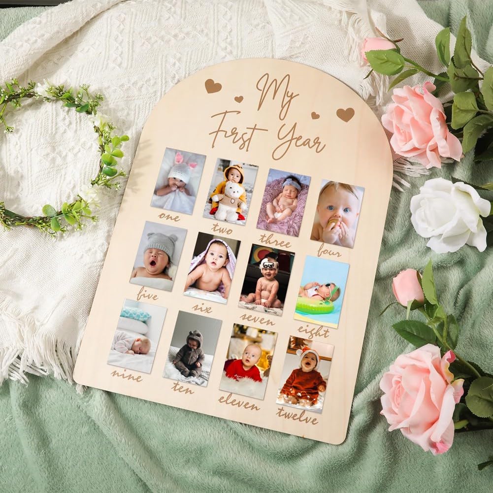 OTDOGUO My First Year Photo Display Wood Board Picture Frame Photo Display Board Baby Photo Display