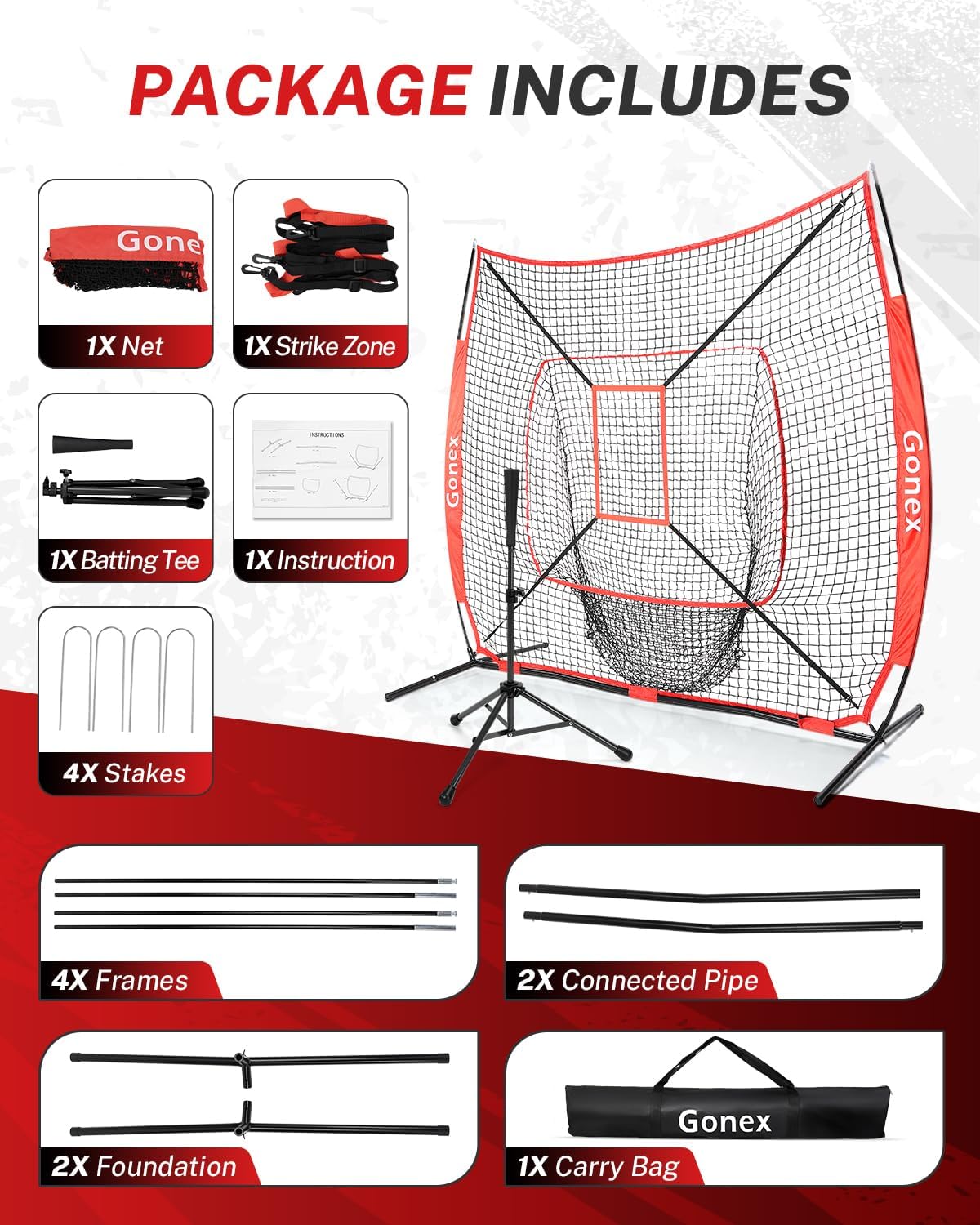 Gonex 7' x 7' Baseball Softball Practice Net Set with Batting Tee for Hitting and Pitching Batting, Practice Training Aid, with Strike Zone, Large Mouth, Bow Frame, Carrying Bag