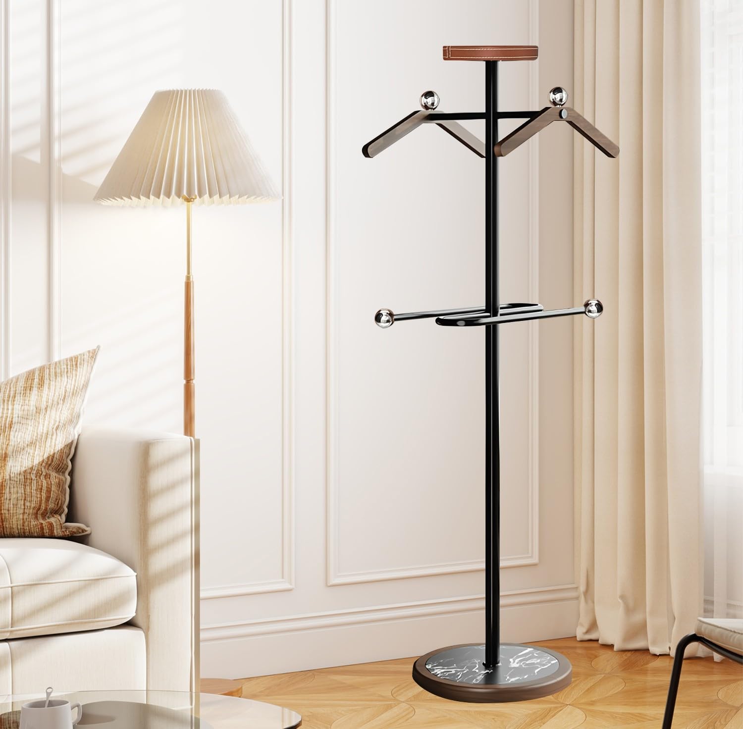 ZMJGLL Freestanding Valet Stand with Tray and Hangers, Wrinkle-Resistant Design for Living Room or Office,Stable Base,Space-Saving Design (A)