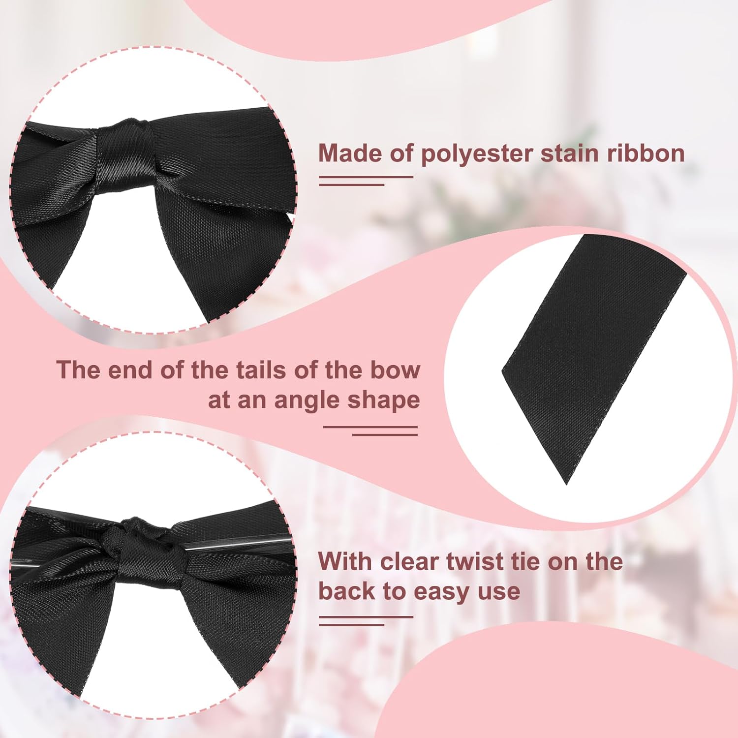 PATIKIL 50 Pcs Satin Ribbon Twist Tie Bows 3.5 Inch Small Craft Bows for DIY Gift Wrapping Champagne Bottle Wedding Christmas Birthday Decor, Black