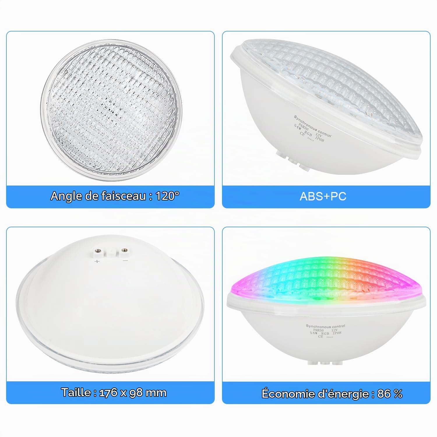 Lot de 2 spots LED 54 W PAR56 RVB, 12 V Timing 2/4/6H Projecteur LED pour piscine, synchronisé avec l'extérieur de la télécommande, IP68
