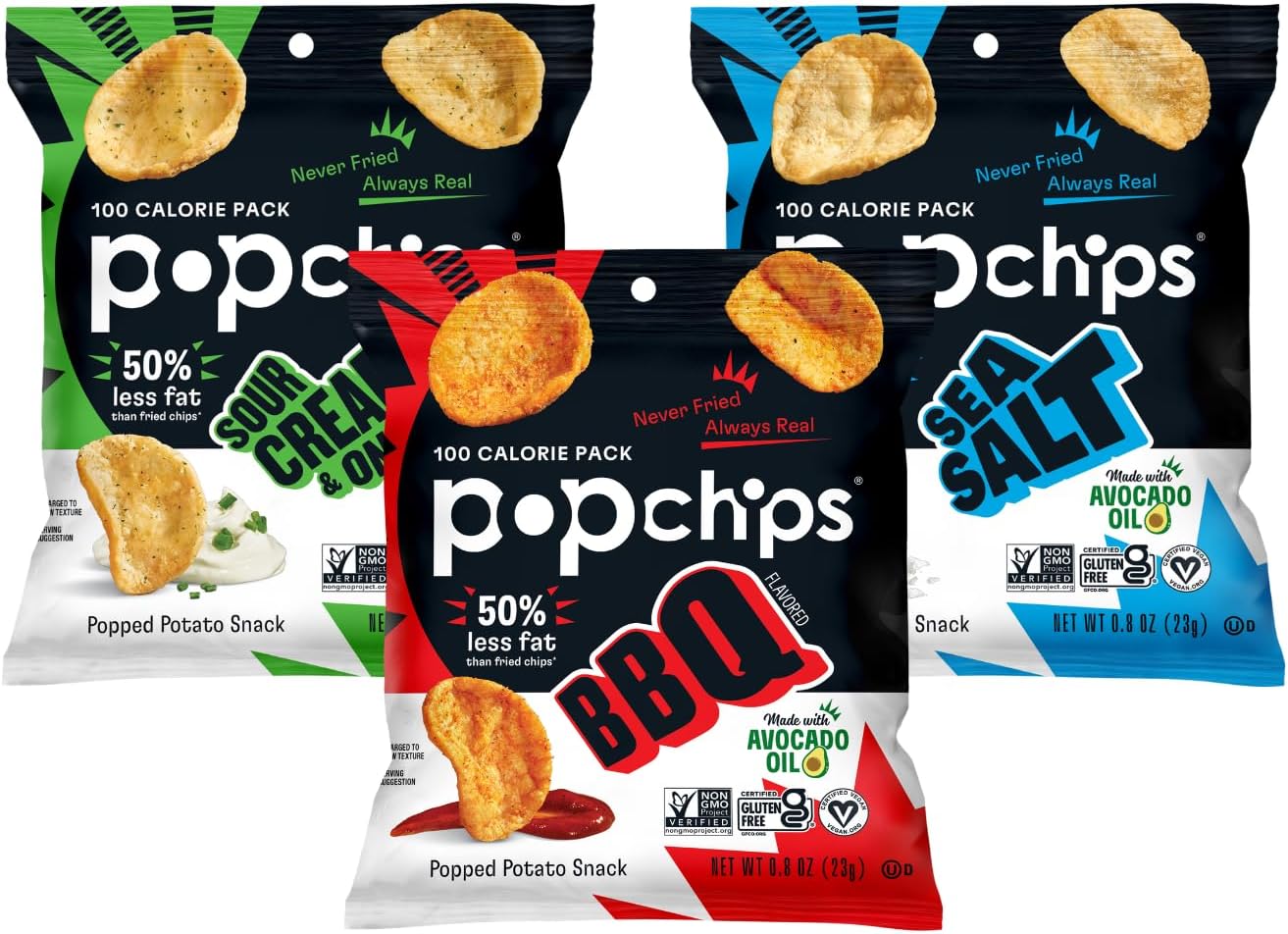 Popchips Variety Pack - Baked Potato Chips 0.8 OZ Snack Bag 10 of each (BBQ, Sea Salt, Sour Cream & Onion) (30 Count)