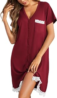 Ekouaer Women Striped Nightgowns Button Down Sleepshirts Short Sleeves Nightshirts