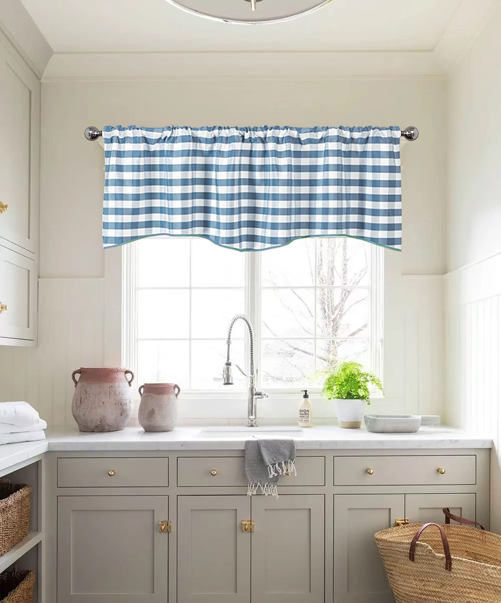 BOYOUTH Semi Shading Scalloped Striped Pattern Valances Short Curtains,Rod Pockets Check Valance for Kitchen,Cafe,Bathroom,52 Inches by 18 Inches,Blue and White,1 Panel