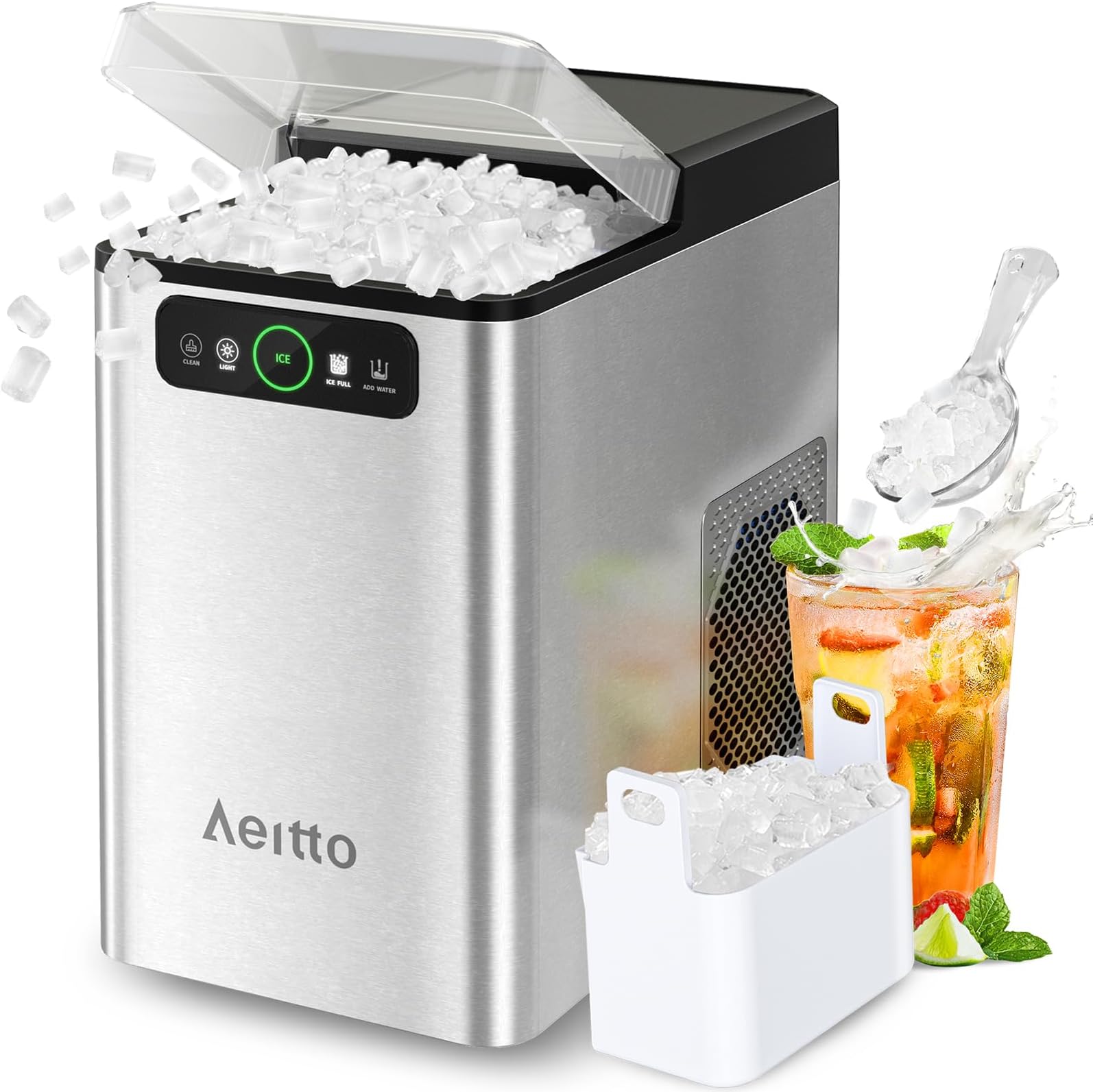 Aeitto Nugget Ice Maker 40Lbs/24H, Countertop Soft Chewable Ice Pebble Ice Machine, One-Click Operation, Auto Self-Cleaning Ice Makers with Scoop&Basket for Home, Office, Kitchen, (Stainless Silver)