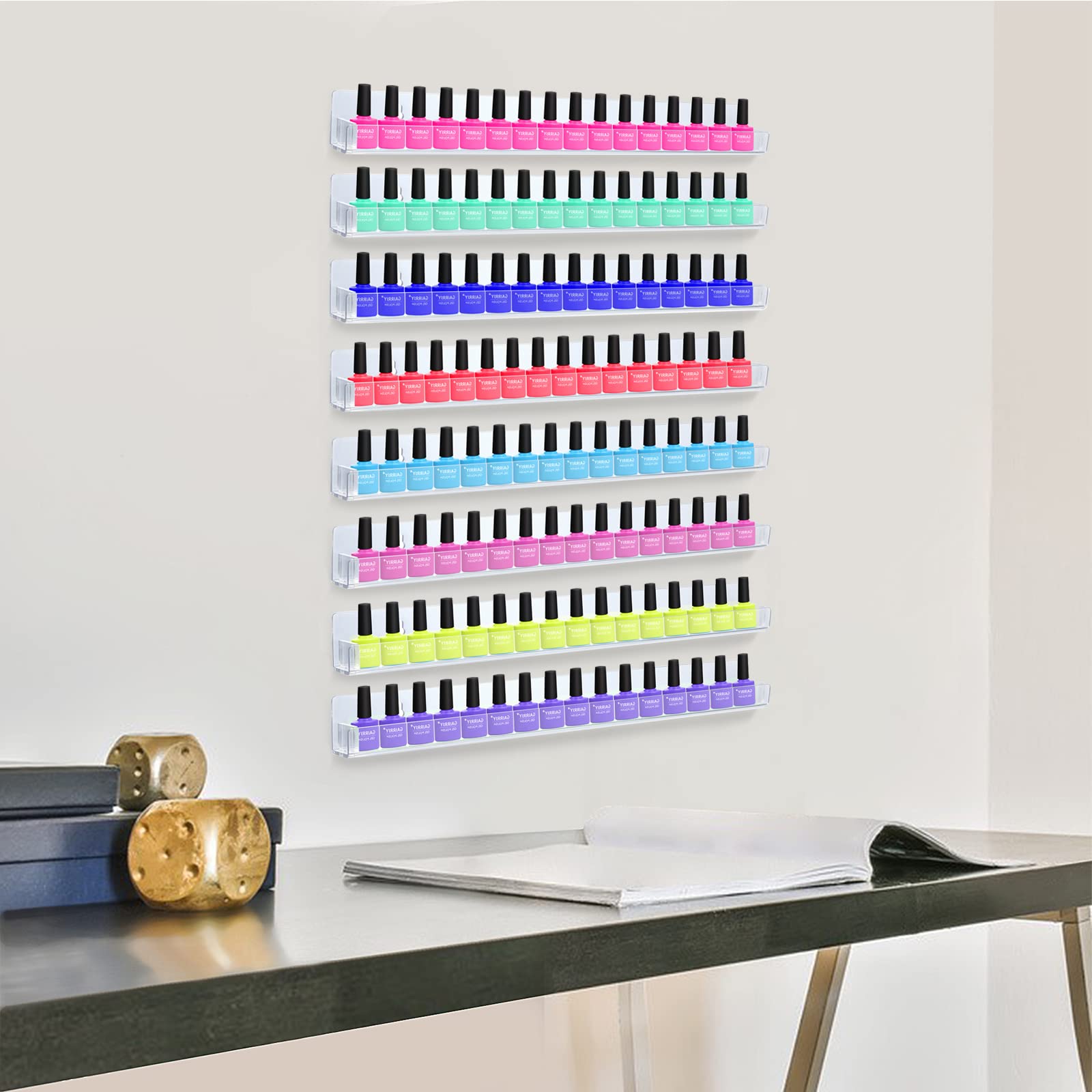 Paquete de 8 estantes para Esmalte de uñas montado en la Pared con Inserciones extraíbles Antideslizantes, Organizador de Esmalte de uñas acrílico Transparente, Estante de Pared para 128 Botellas