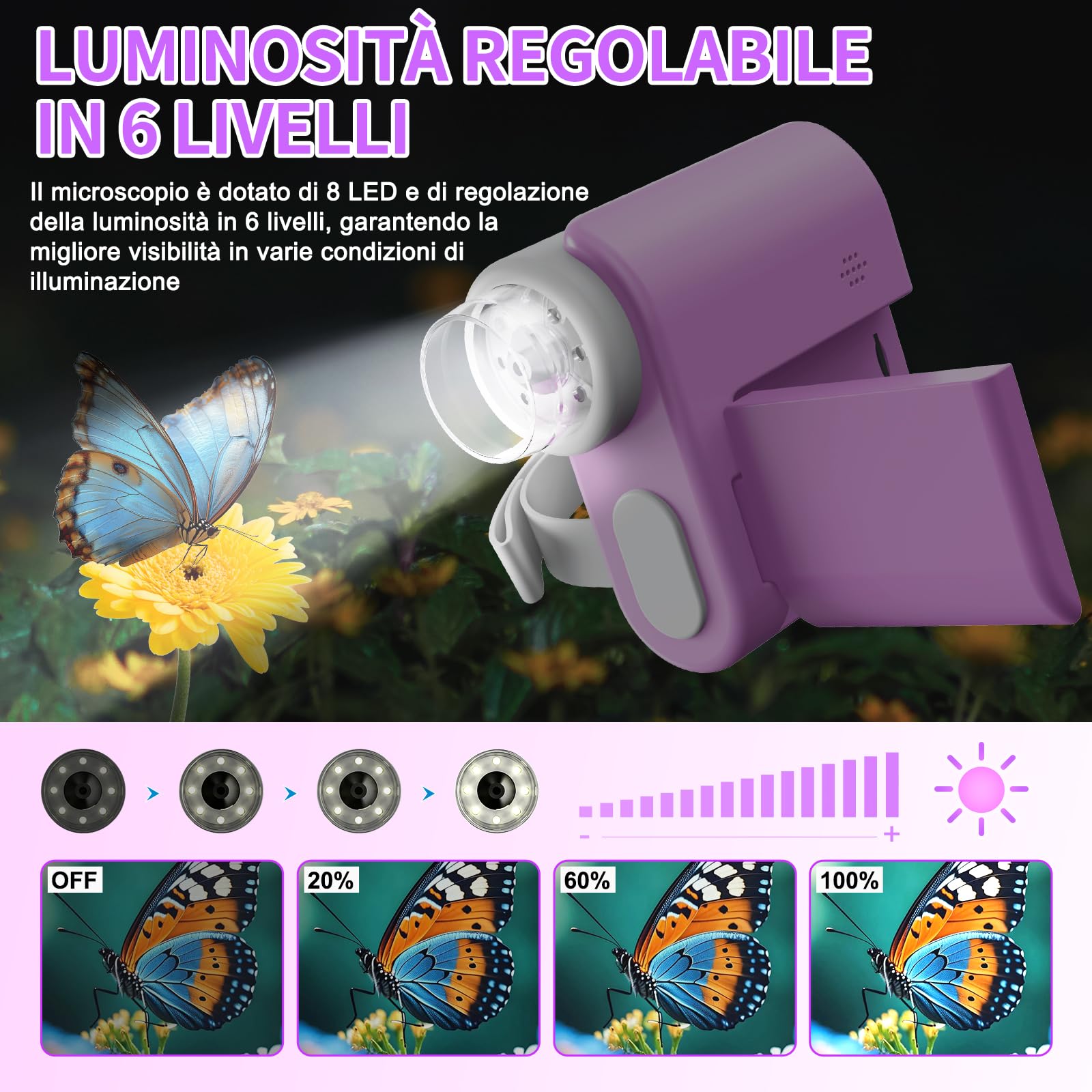 USCAMEL Microscopio Digitale Portatile per Bambini: 1000x ingrandimento, schermo HD da 2 pollici, connessione USB, Attrezzo educativo microscopio portatile per bambini età 7-12 anni (Viola)
