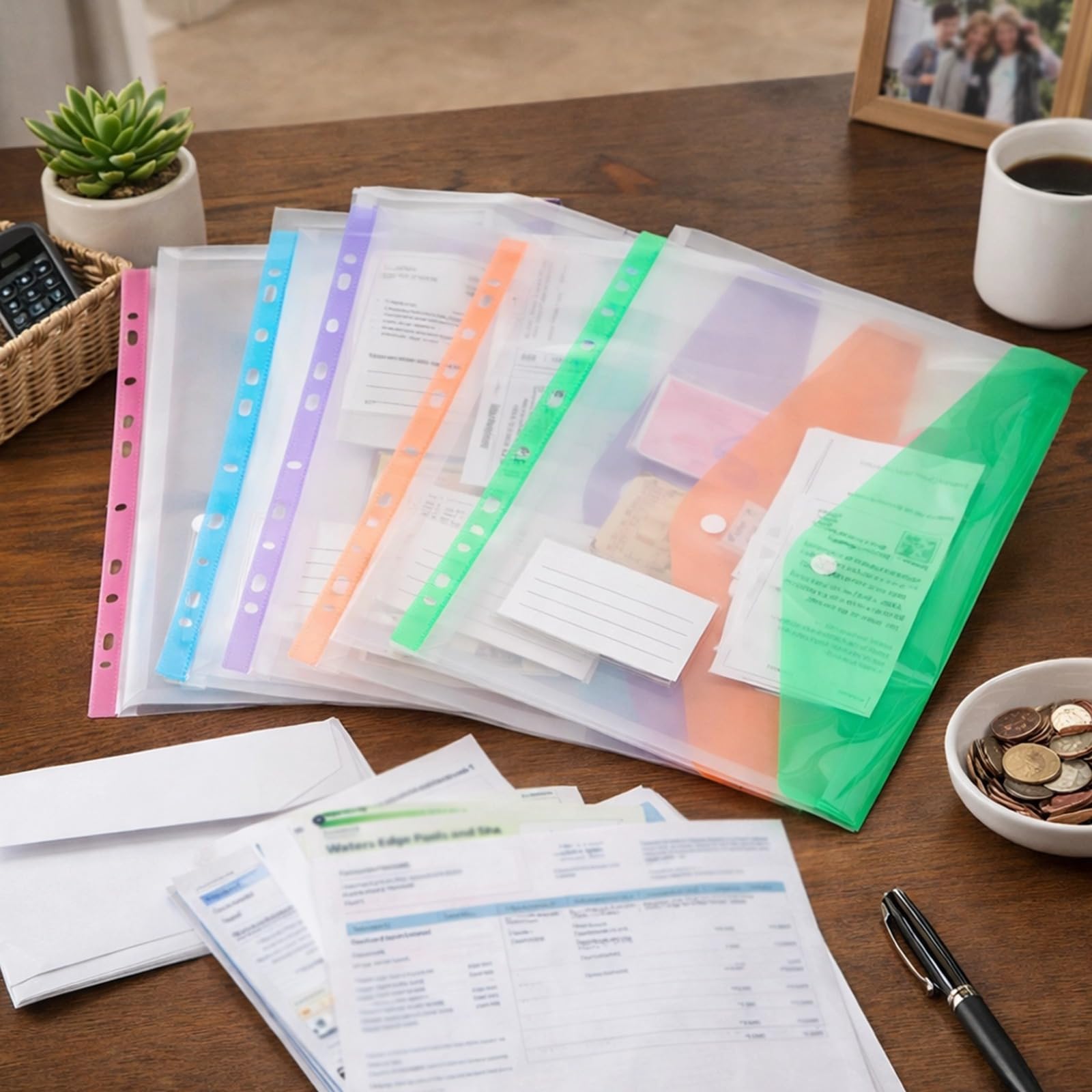2 buste portadocumenti A4 in plastica trasparente con bottone a pressione, grandi scomparti, multicolori, espandibili, con scomparto per biglietti da visita