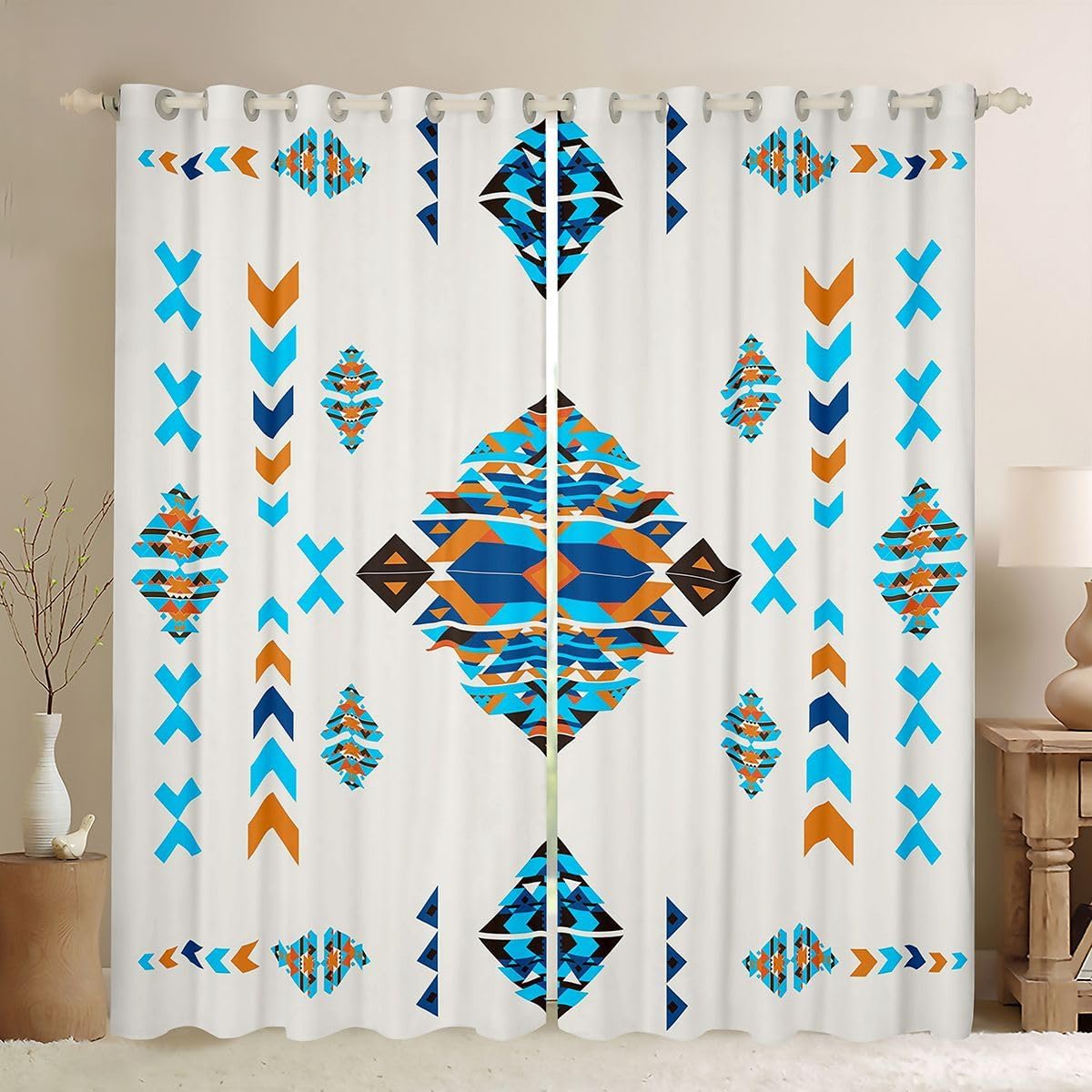 Feelyou Southwestern Curtains for Bedroom Living Room (2 Panels, 42 x 63 Inch) Geometric Blackout Curtains Kids Tribal Darkening Drapes Native American Design Blue Window Treatments