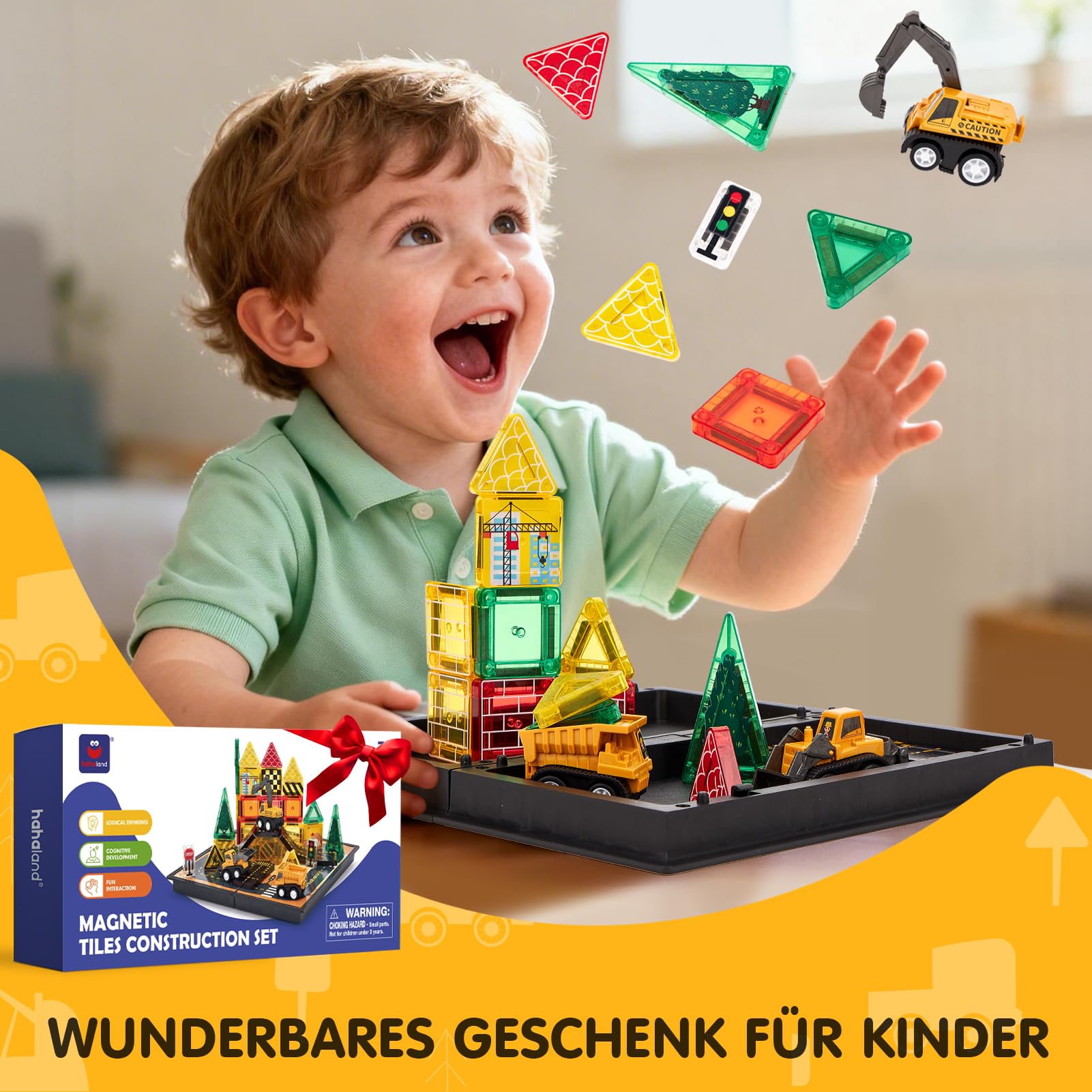 hahaland Magnetische Bausteine ab 3 Jahre mit 3 Baustellenfahrzeugen & Aufbewahrungsbox, 42PCS Mini Magnetic Tiles Reisespielzeug mit Bauplatte, Montessori Spielzeug Geschenk für Kinder 3 4 5 Jahre