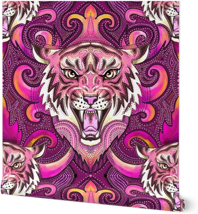 Peel & Stick Wallpaper 3ft x 2ft - Pink Tigers Purple Orange Maximalist XL Jungle Custom Removable Wallpaper by Spoonflower