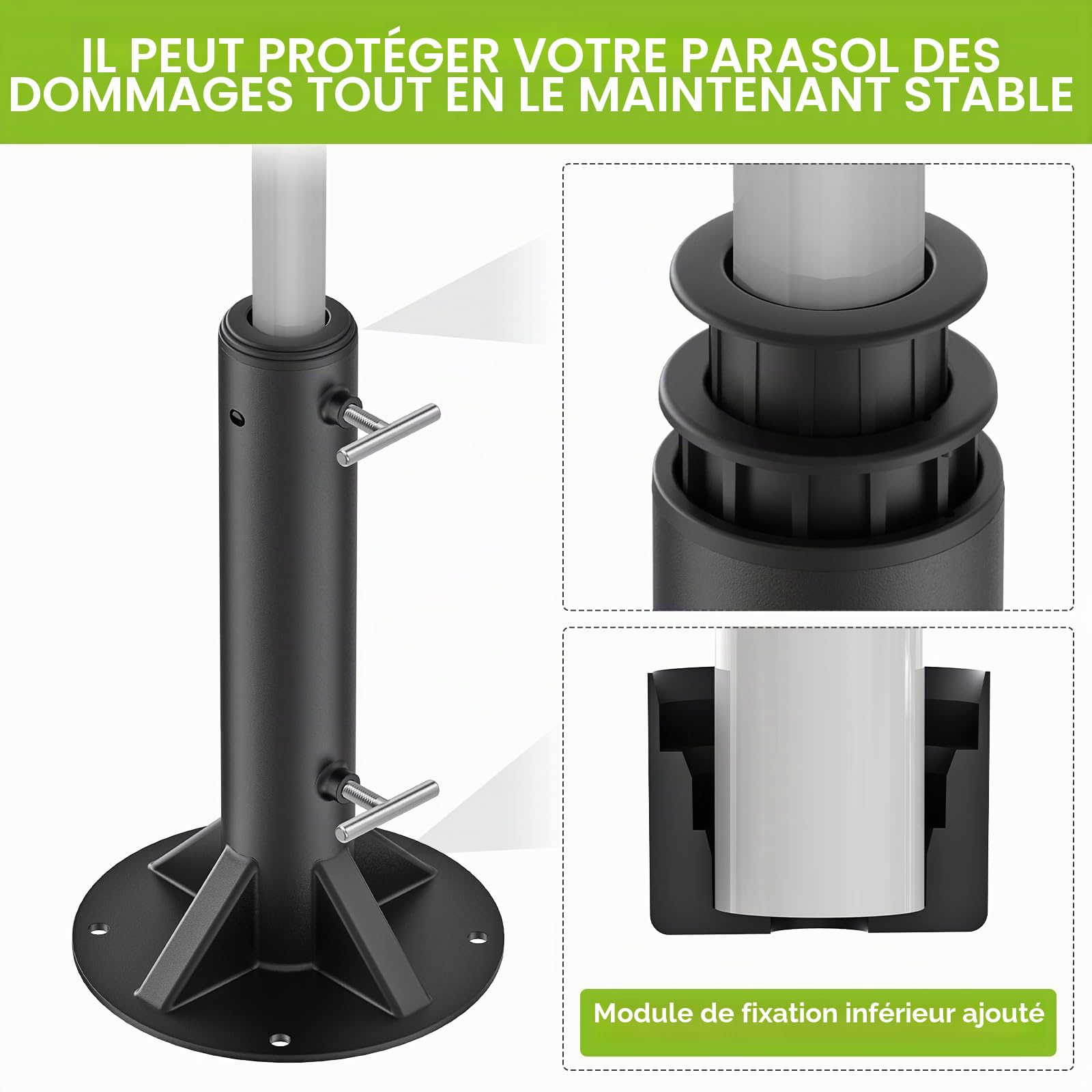 Dolibest Pied Parasol, Support de Tube de Parapluie Base Stable pour Parasol 30cm Hauteur avec 3 Douilles pour Poteaux de 3 à 5cm, Convient Aux Terrasses en BéTon ou Een Bois, Ronde