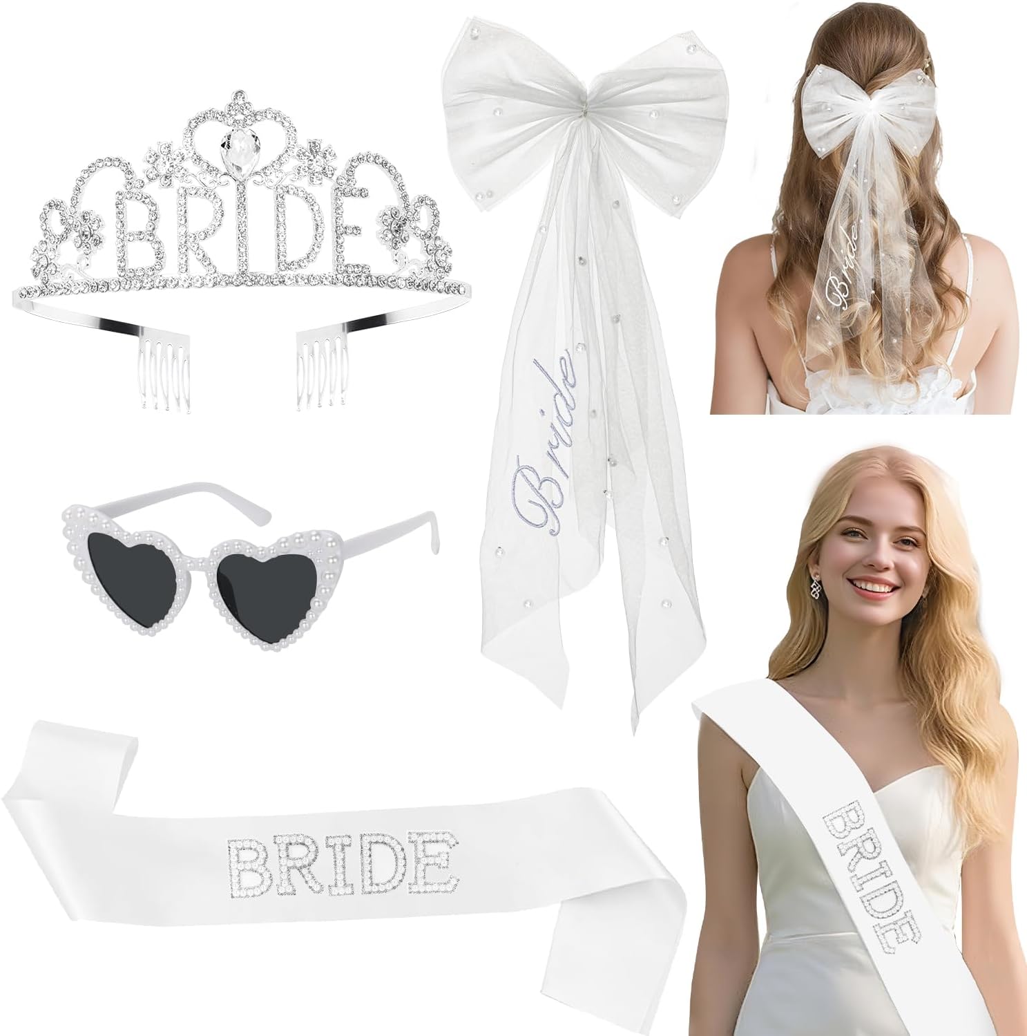 4 Pcs Bachelorette Party Decorations, BRIDE Crown ,Pearl Bride Sash,White Bow Bride Veil,Bride Sunglasses for Women Bachelorette Party Gifts, Bridal Shower Supplies, Brides Accessories ,Gifts, Favors