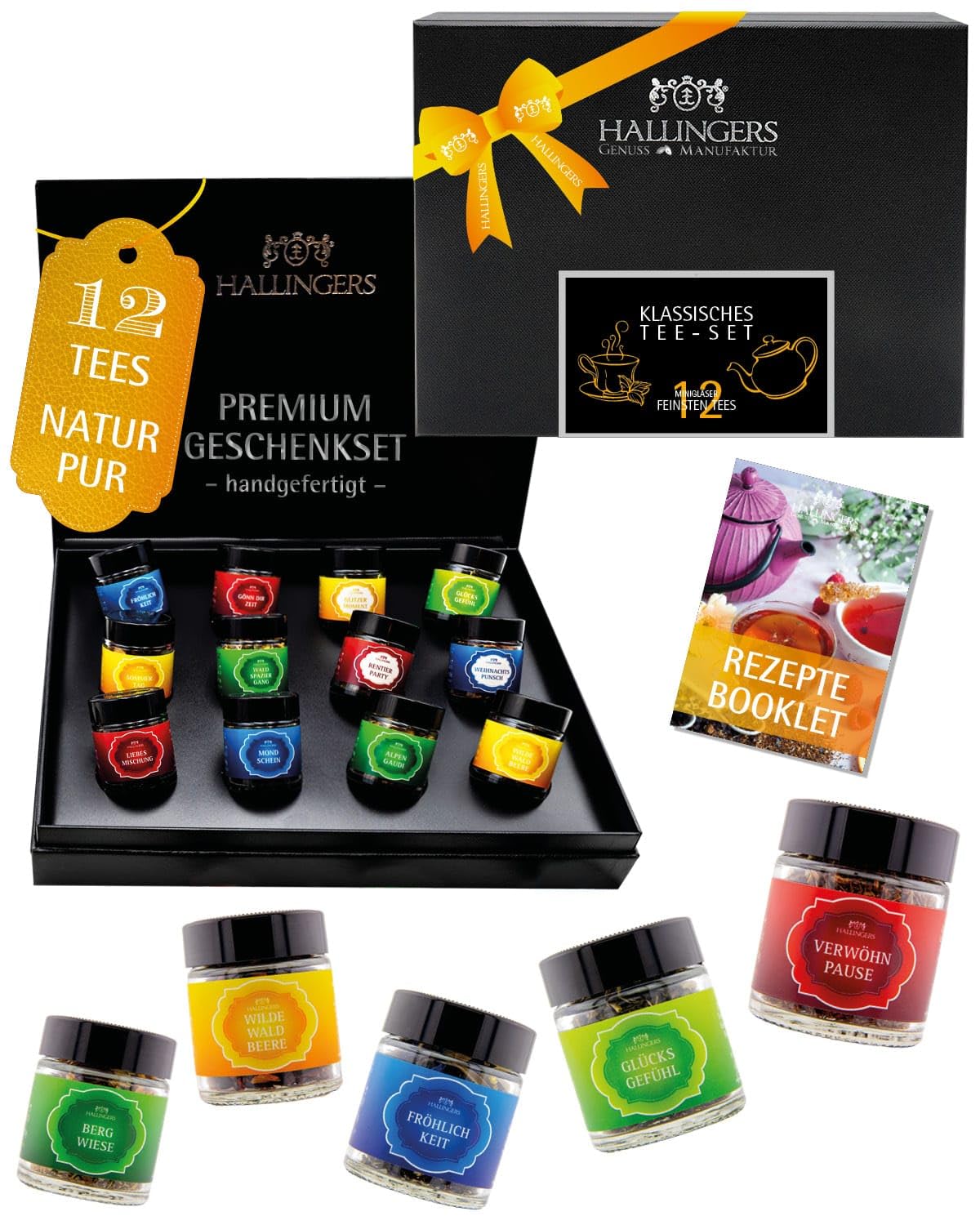 Hallingers Genuss Manufaktur Tee Geschenk-Set - 12 Sorten premium loser Tee Probierset in edler Geschenkbox mit Rezept-Booklet "Klassisches Tee-Set", Geschenkidee für sie &amp; für ihn
