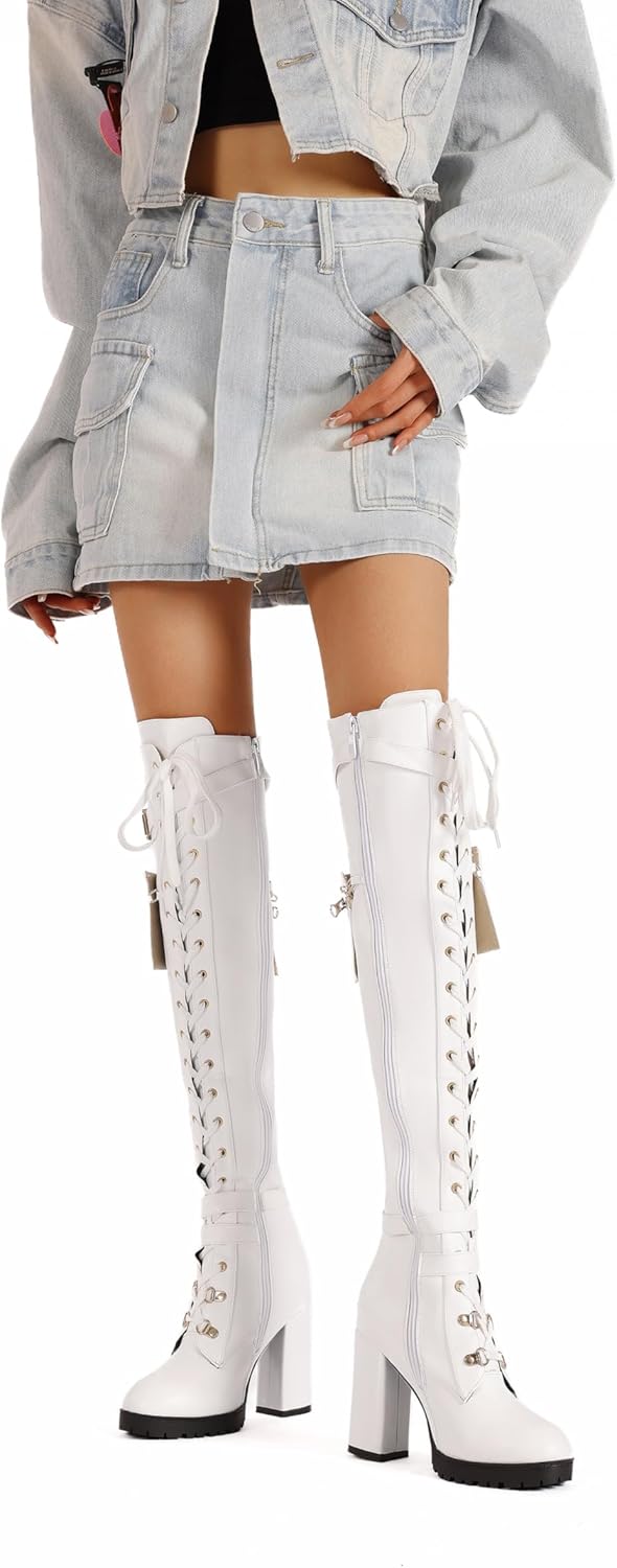 BEAUPAS Women's Over the Knee Combat Boots Lace-Up with Buckles Block Heel Platform Sole