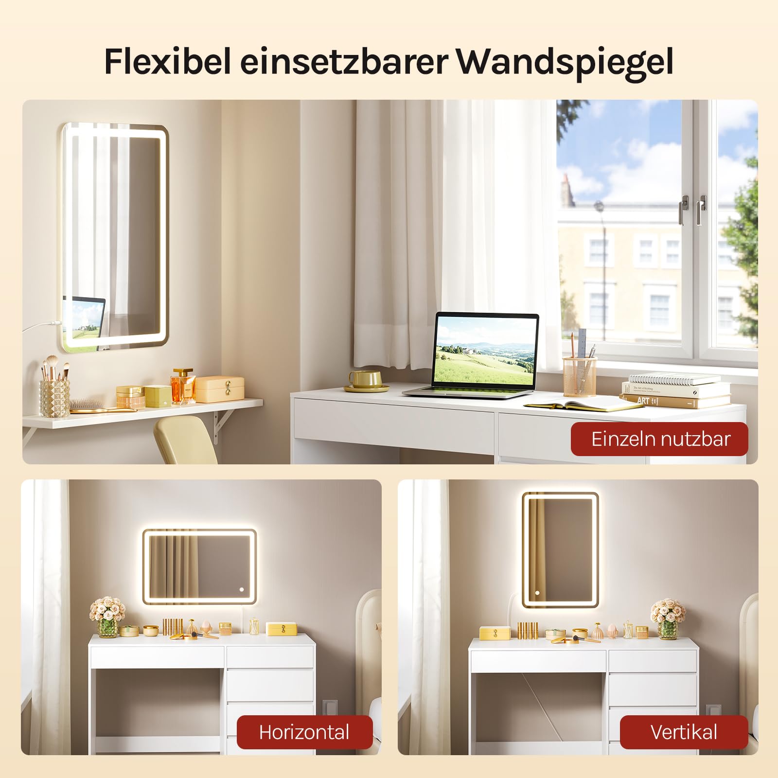 WOLTU 2-in-1 Schminktisch & Schreibtisch, mit LED-Beleuchtung, 5 Schubladen, Frisiertisch mit Wandspiegel 40 x 60 cm, einstellbare Helligkeit, 100x45x75 cm, Weiß für Schlafzimmer, Holz