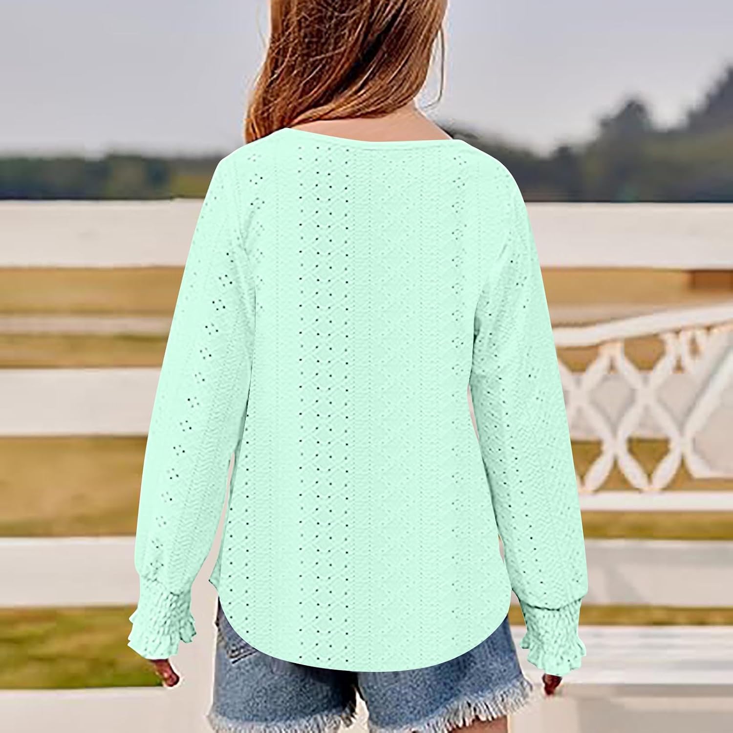 Toddler Girl Eyelet Stretch Sweatshirt Smocked Long Sleeve Autumn Top Drop Shoulder Casual Pullover Solid Sweatshirts