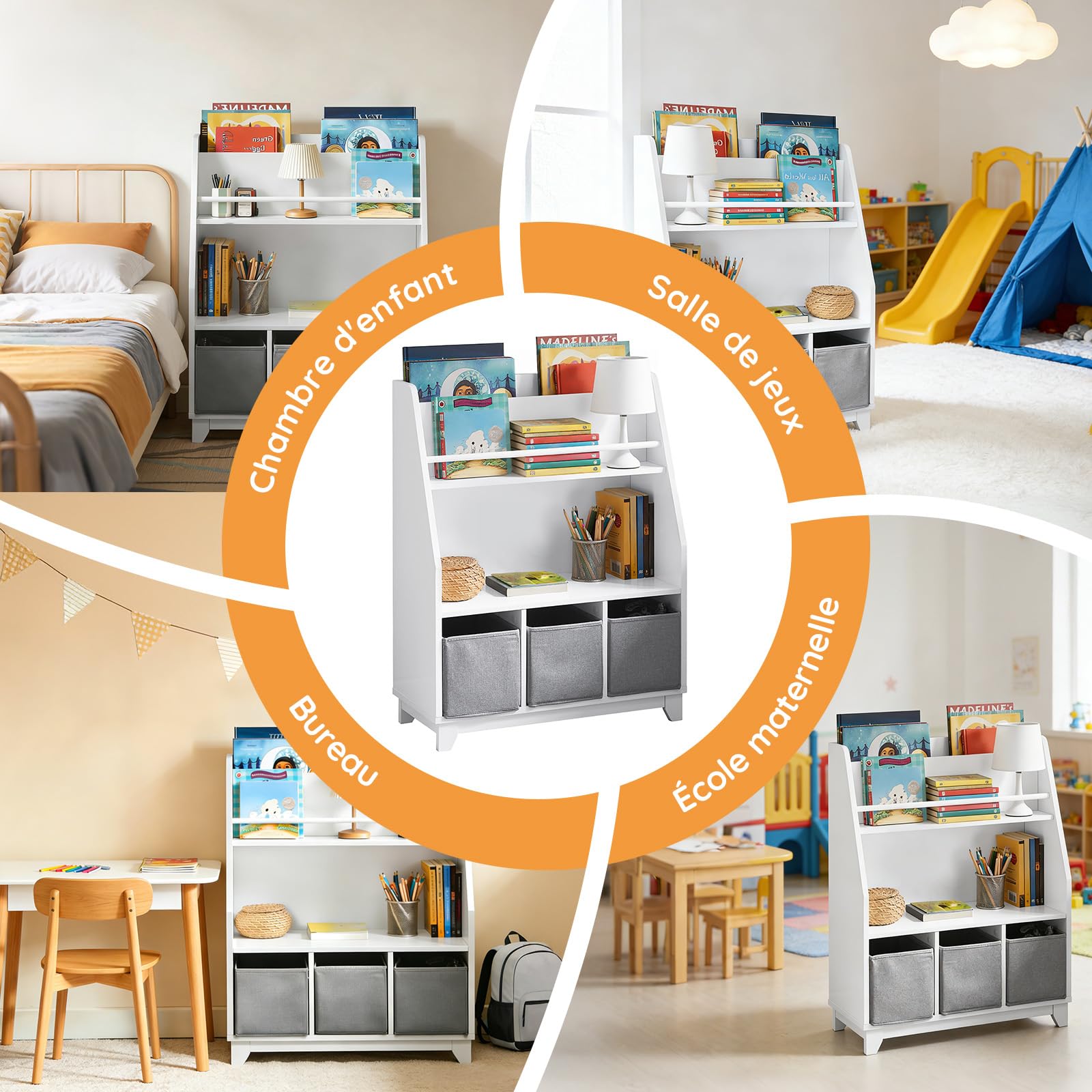 SoBuy Bibliothèque Enfant 3 Paniers Charge Max. 50kg 63x28x80cm | étagère livre avec compartiments et boîtes de rangement, MDF E1, pour chambre bébé KMB34-W
