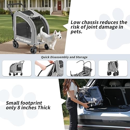 Miniatura 7 de EchoSmile 4 Wheels Pet Stroller, Foldable Dog & Cat Stroller for All-Season, Lightweight Carrier with Storage Basket, Adjustable Handle, Removable